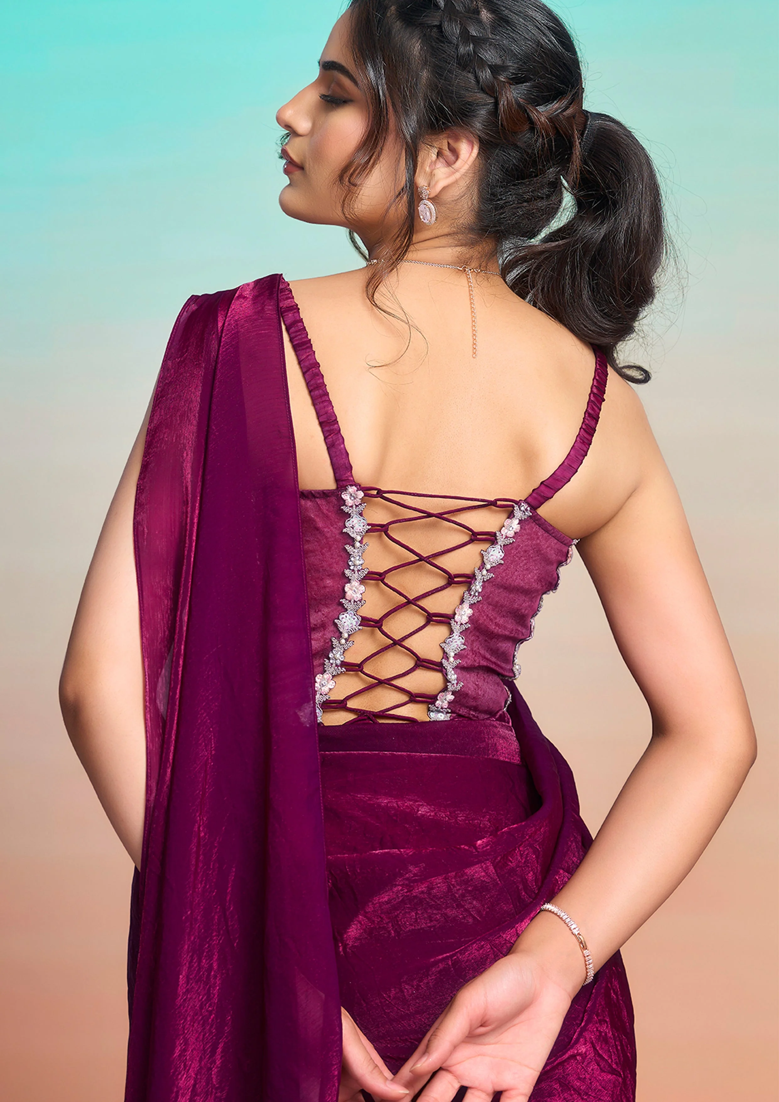 Wine Plum Embellished Satin Silk Draped Saree - Image 7