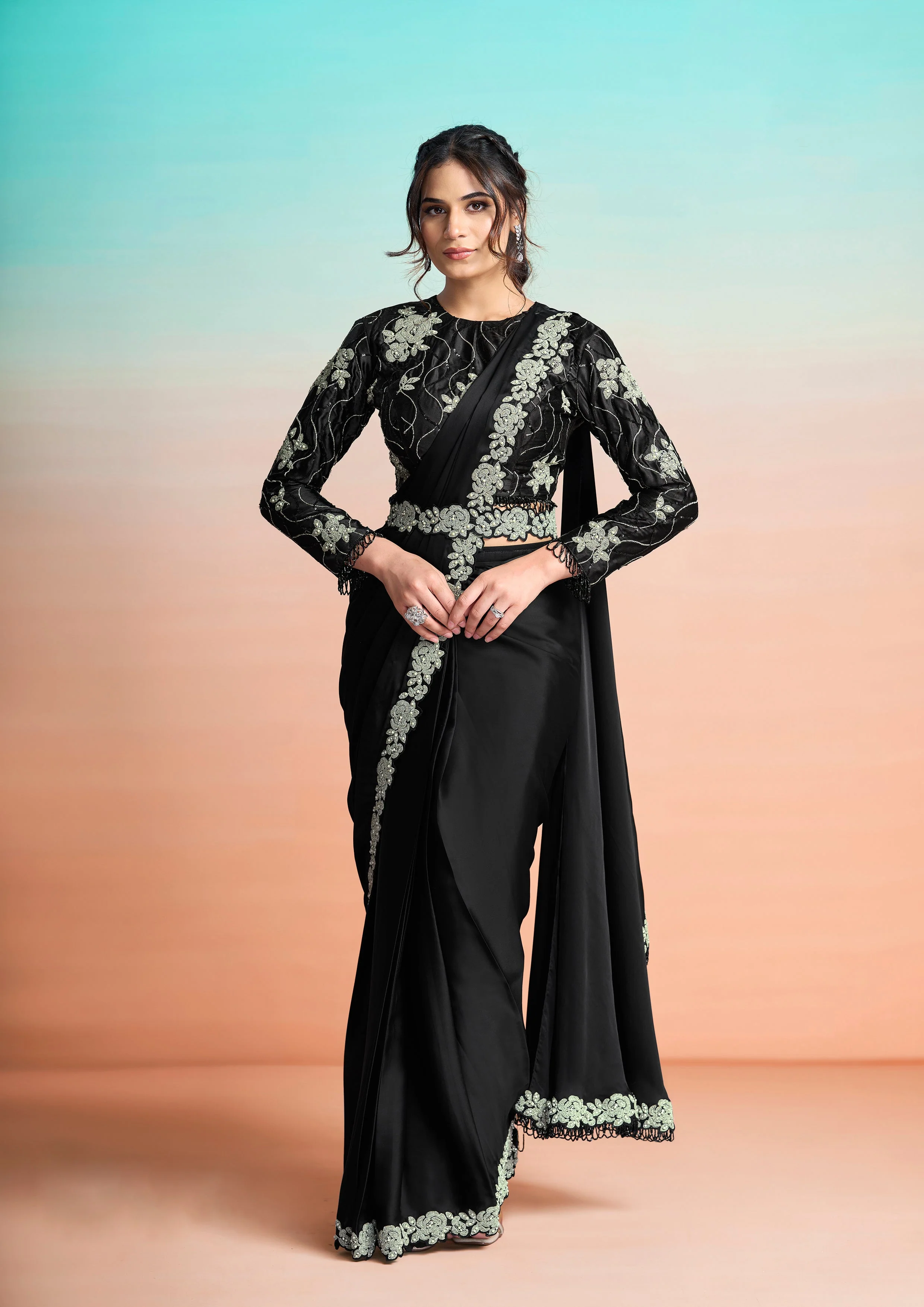Black Embellished Satin Silk Draped Saree