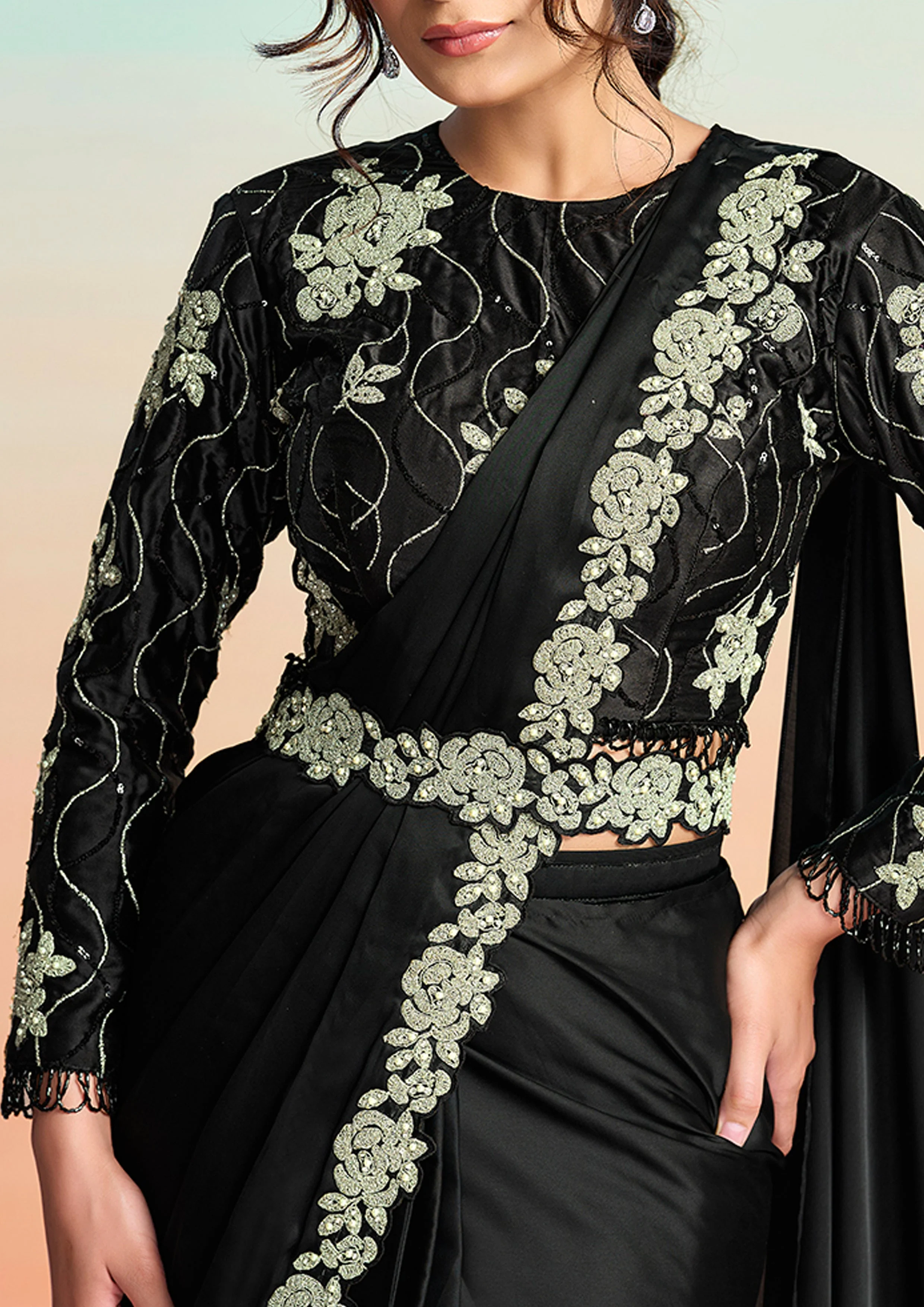 Black Embellished Satin Silk Draped Saree - Image 2