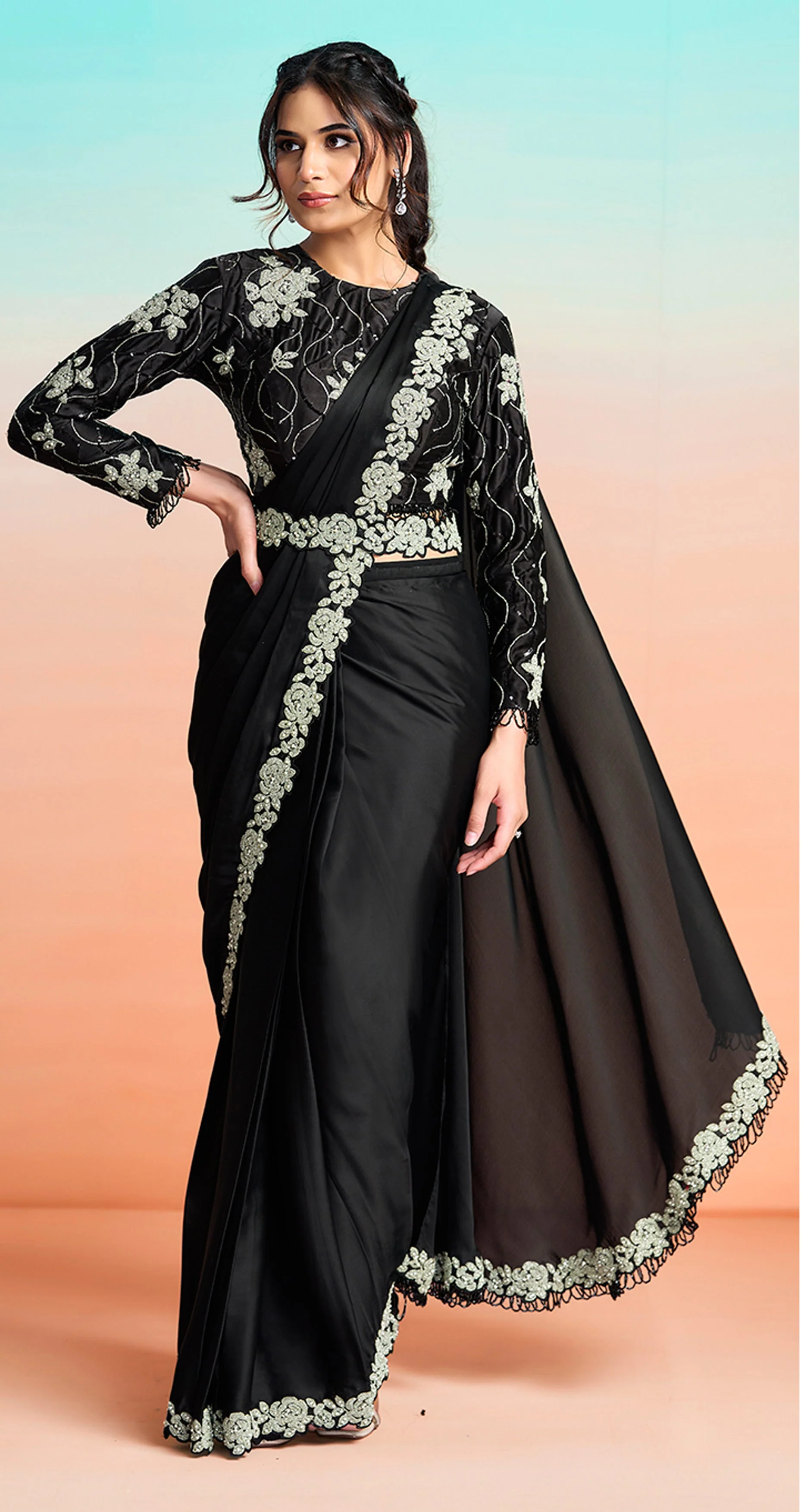 Black Embellished Satin Silk Draped Saree - Image 3