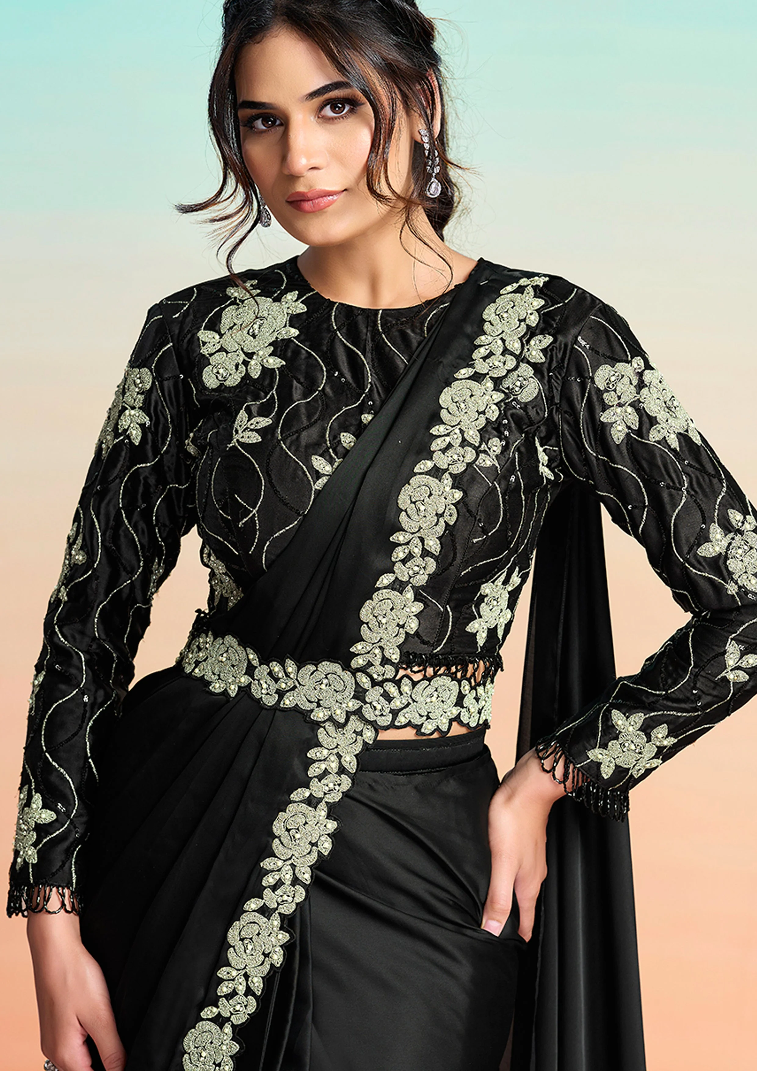 Black Embellished Satin Silk Draped Saree - Image 4