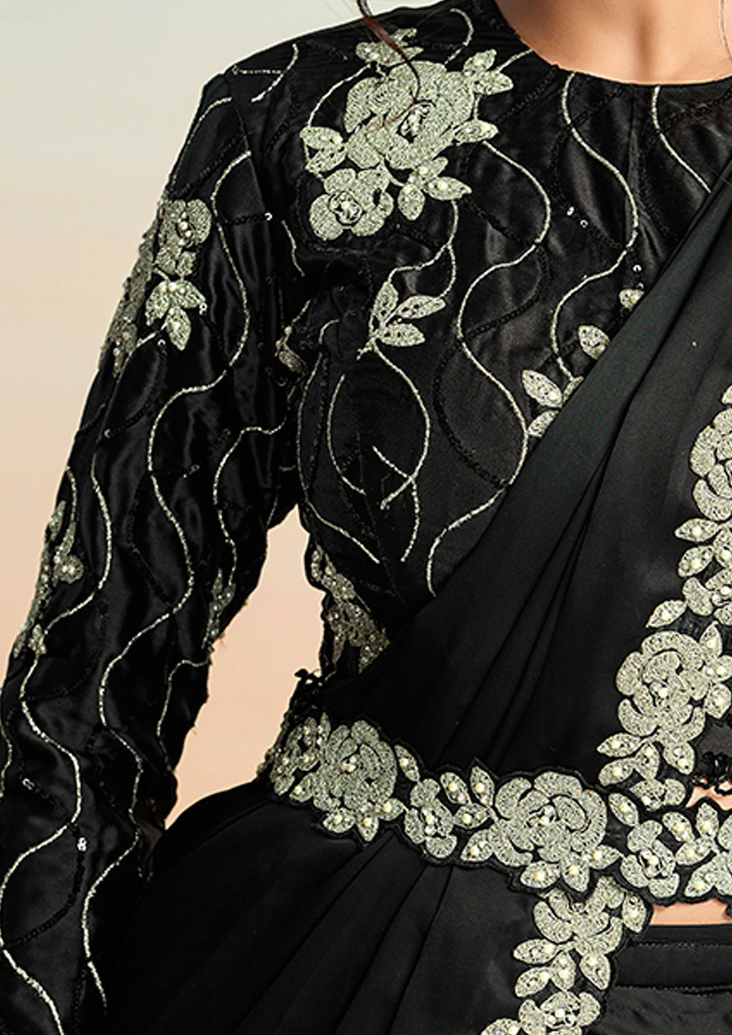 Black Embellished Satin Silk Draped Saree - Image 5
