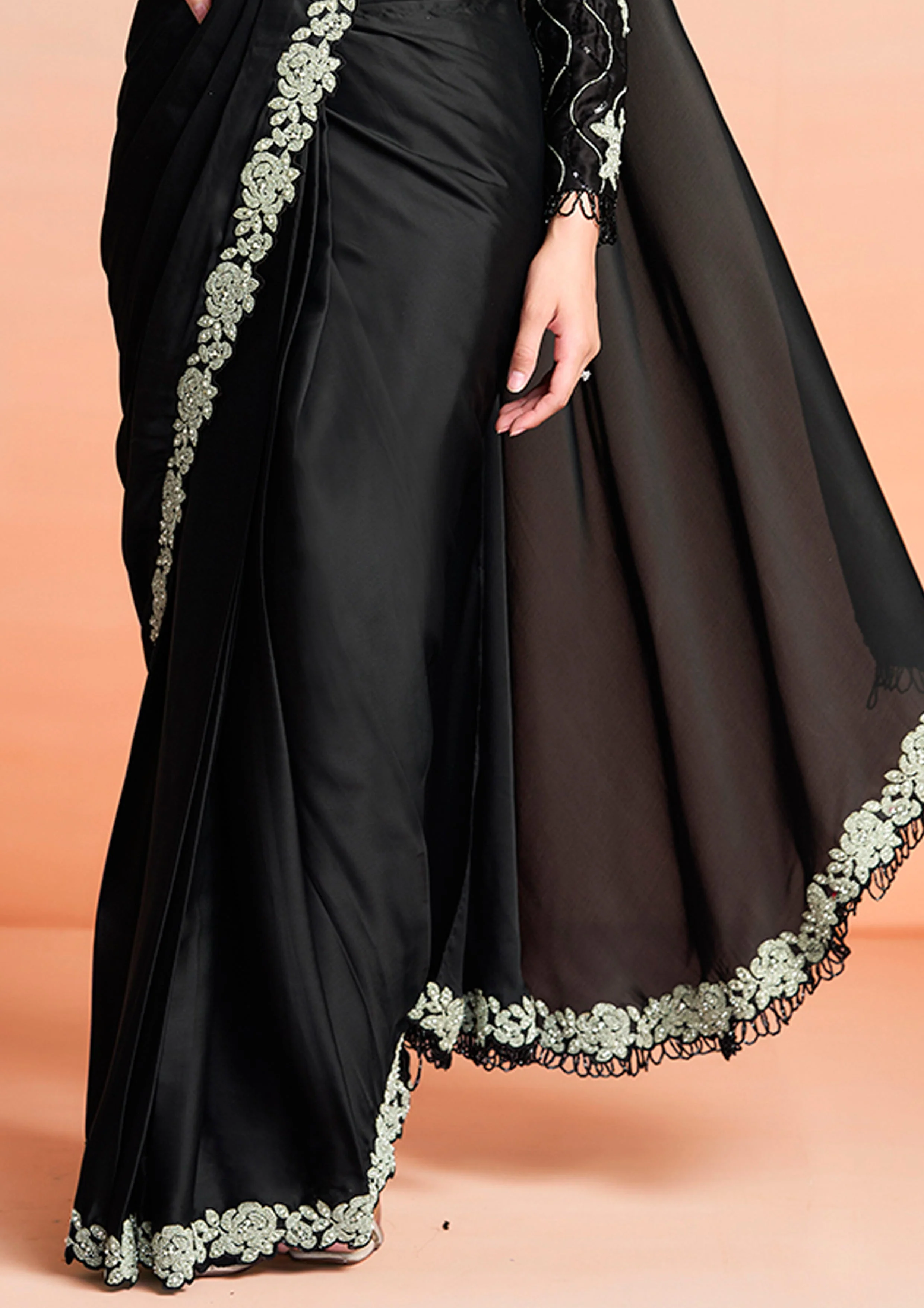 Black Embellished Satin Silk Draped Saree - Image 6