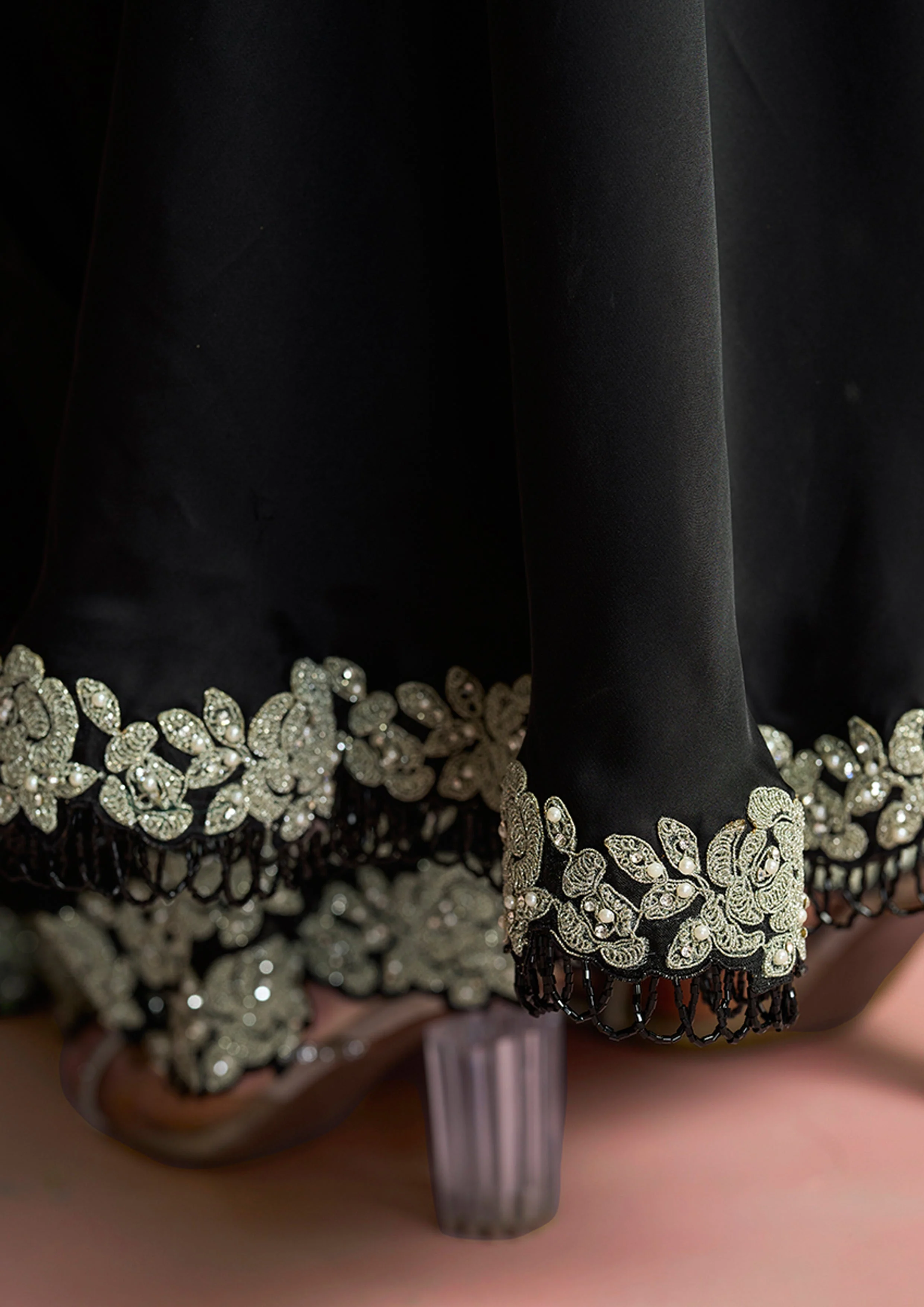 Black Embellished Satin Silk Draped Saree - Image 7