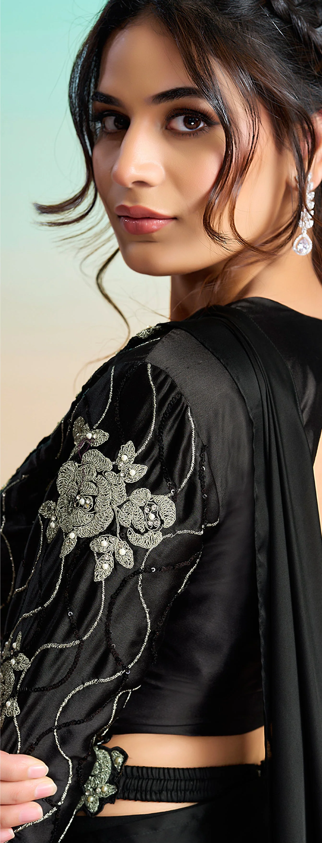Black Embellished Satin Silk Draped Saree - Image 8