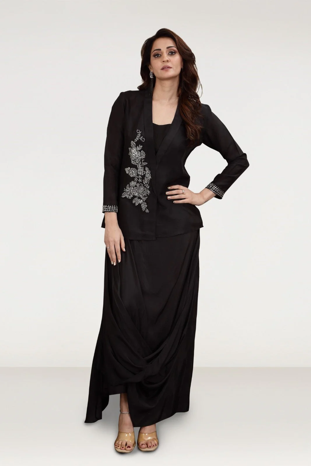 Cherish Black Embellished Satin Silk Draped Skirt Set - Image 3
