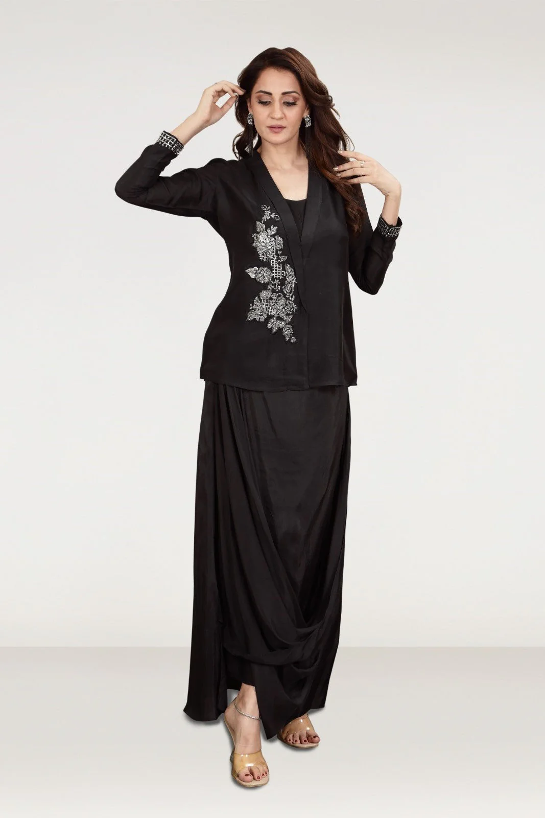 Cherish Black Embellished Satin Silk Draped Skirt Set - Image 4