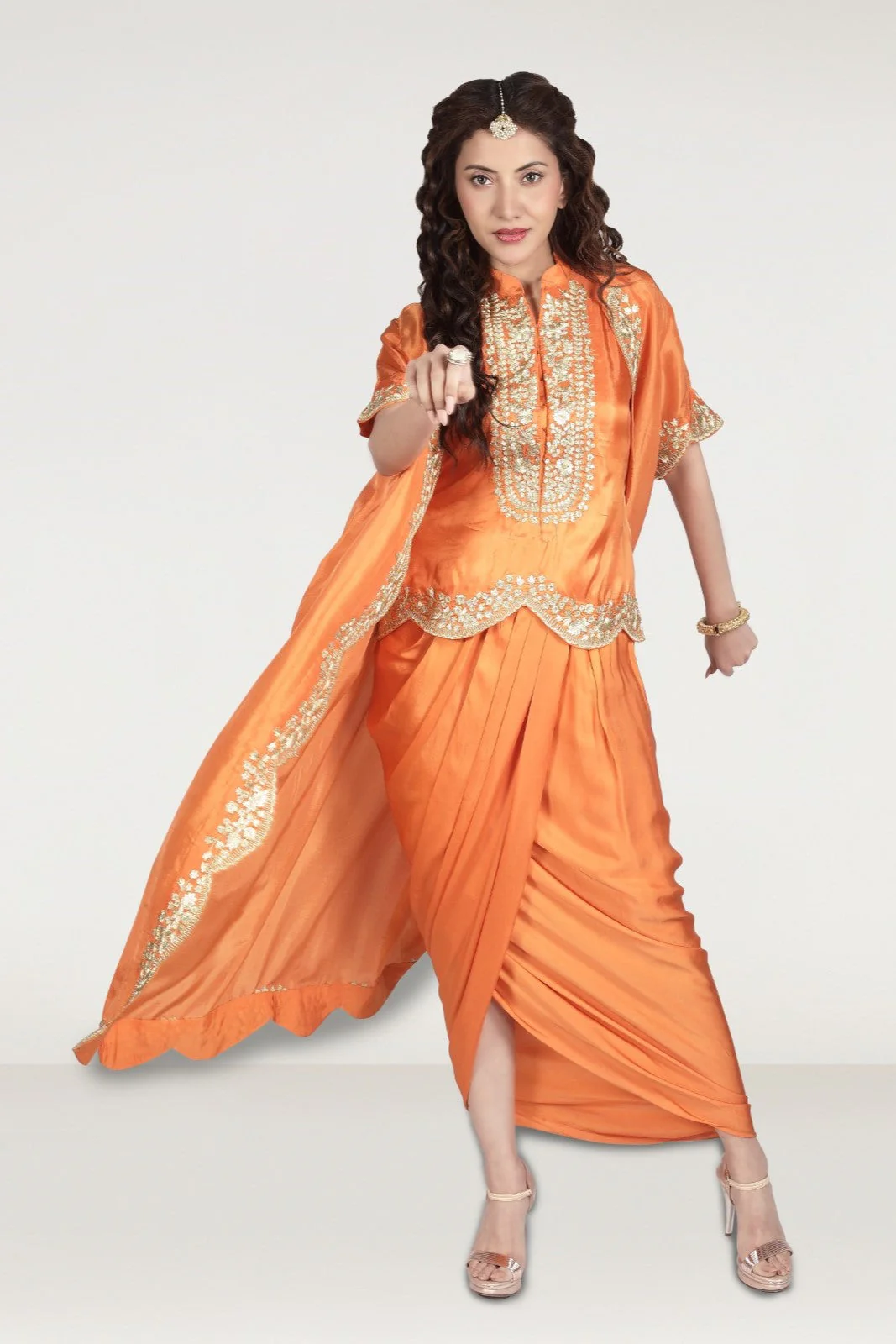 Festive Orange Embellished Satin Silk Draped Skirt Set - Image 3