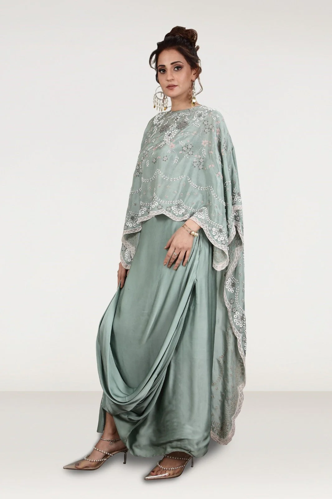 Dusky Green Embellished Satin Silk Draped Skirt Set - Image 3