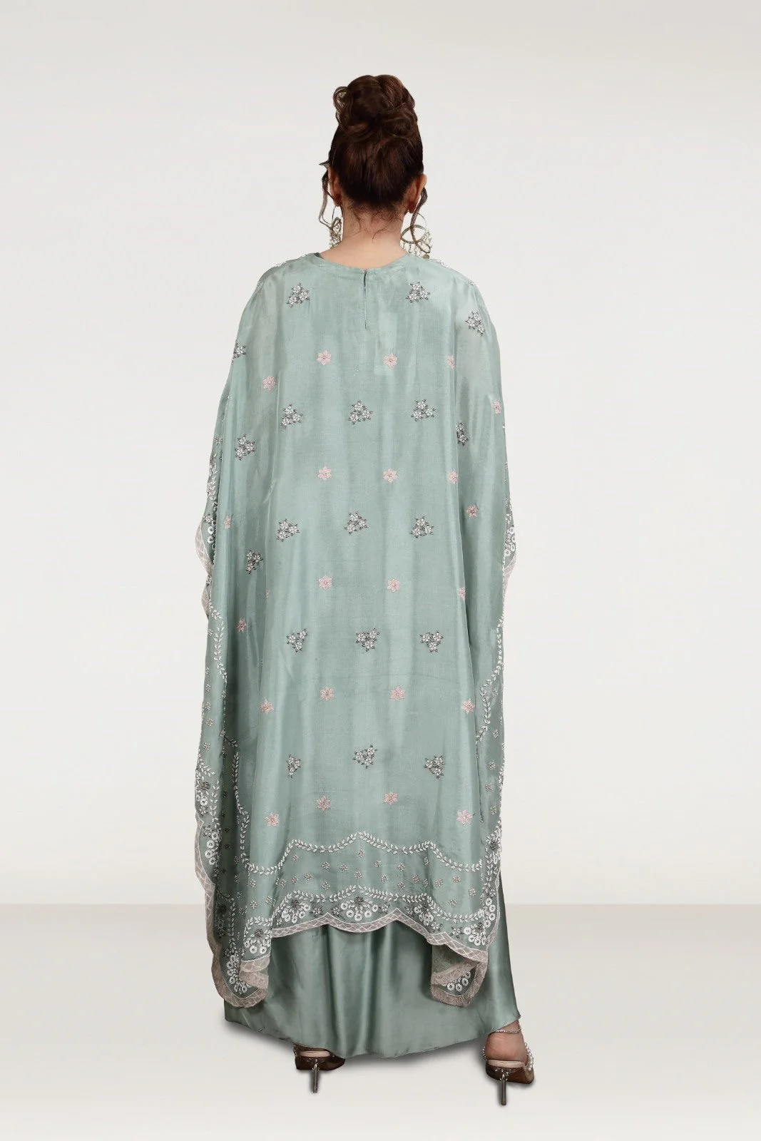 Dusky Green Embellished Satin Silk Draped Skirt Set - Image 4
