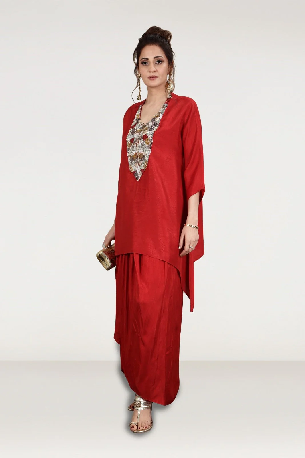 Rustic Red Embellished Premium Silk Draped Skirt Set - Image 3