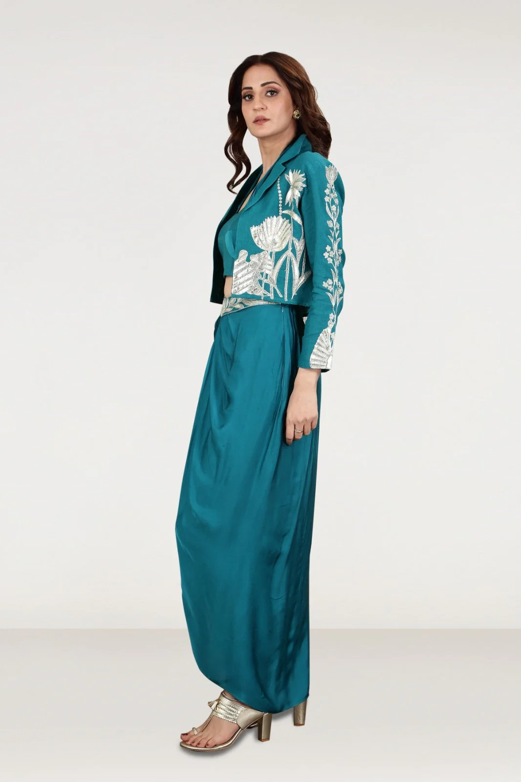 Teal Embellished Satin Silk Draped Skirt Set - Image 3