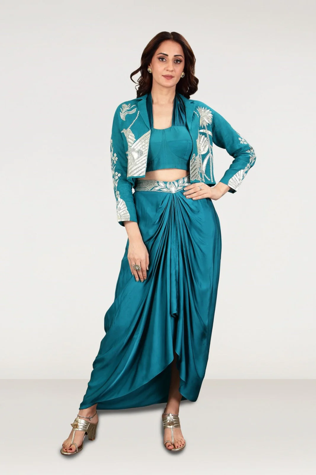 Teal Embellished Satin Silk Draped Skirt Set - Image 4