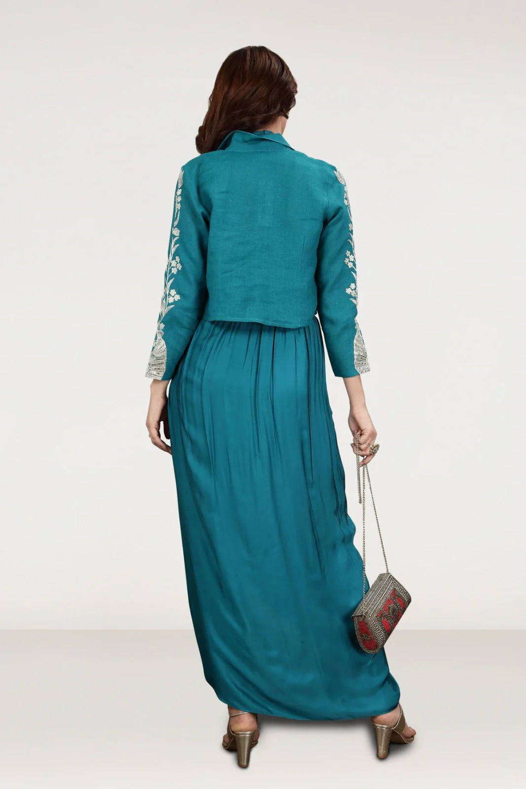 Teal Embellished Satin Silk Draped Skirt Set - Image 5