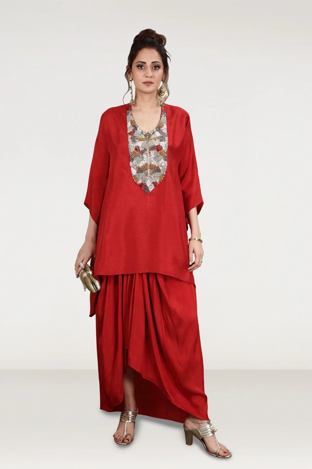 Rustic Red Embellished Premium Silk Draped Skirt Set - Image 4