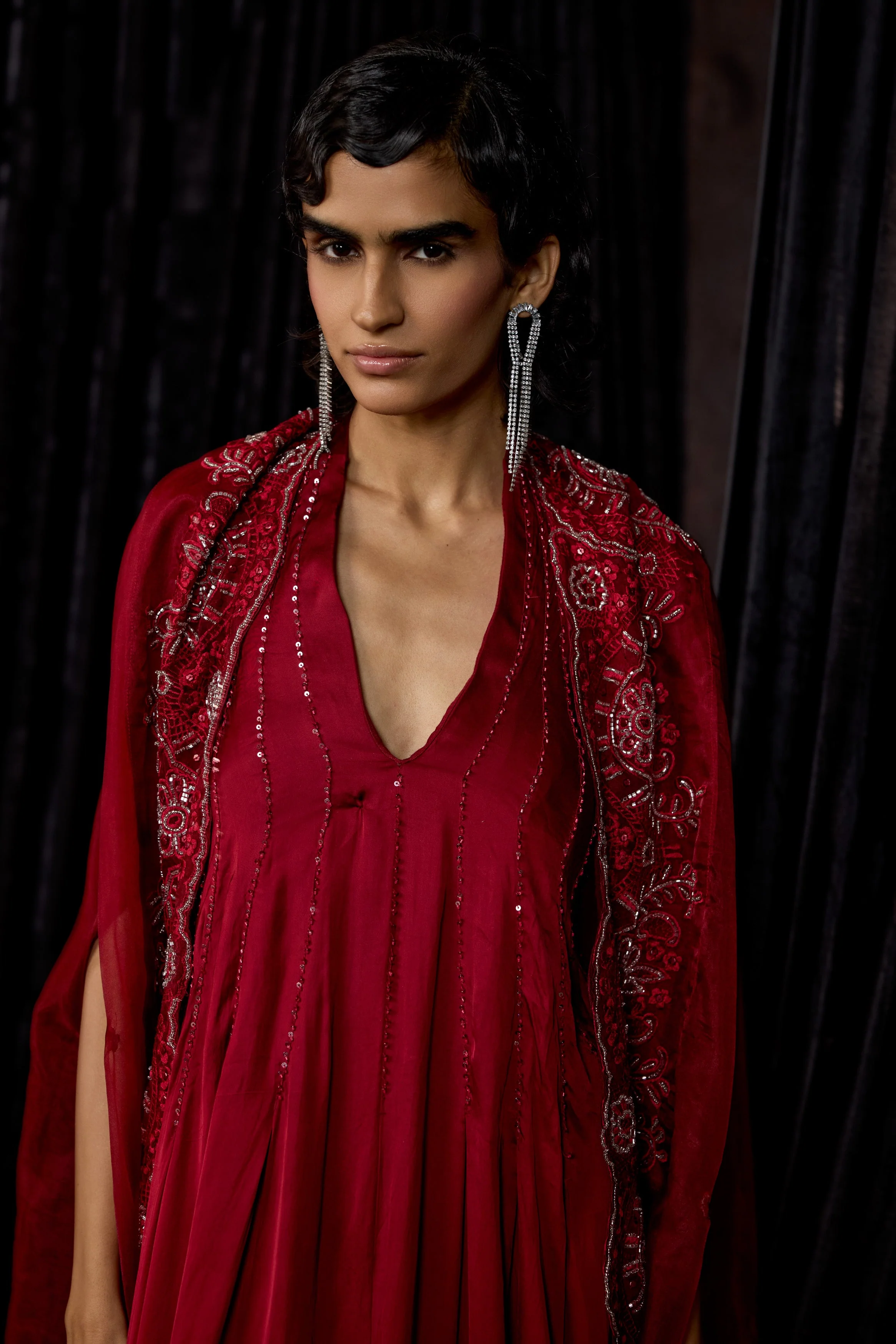 Maroon Embellished Satin Silk Dress - Image 2