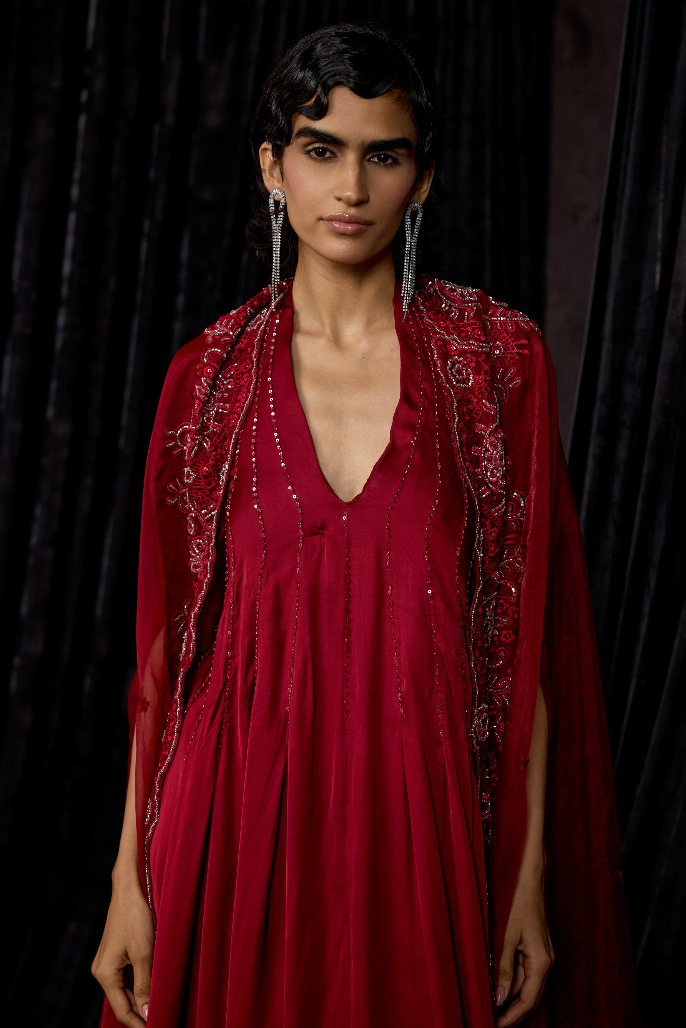 Maroon Embellished Satin Silk Dress - Image 3