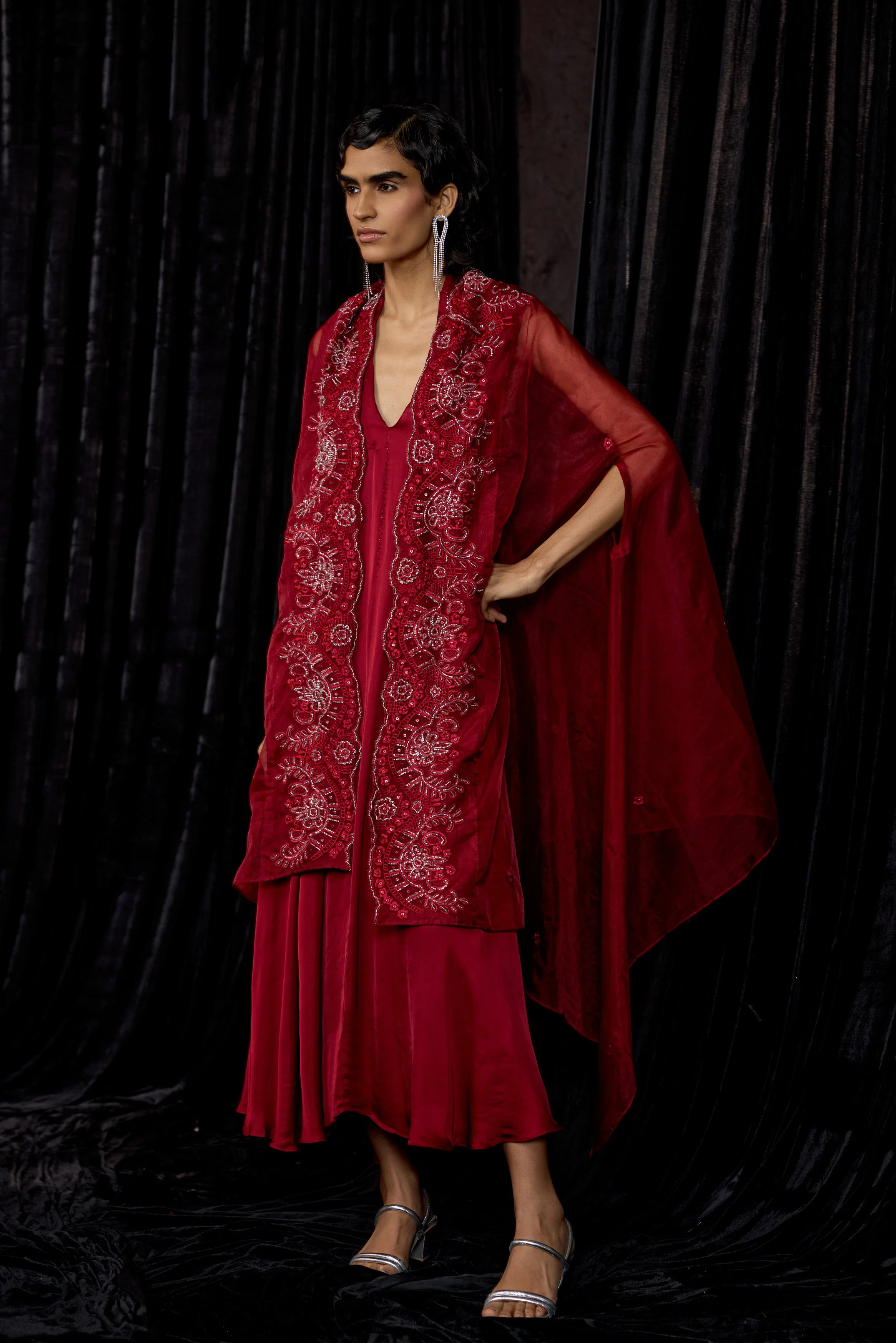 Maroon Embellished Satin Silk Dress - Image 4
