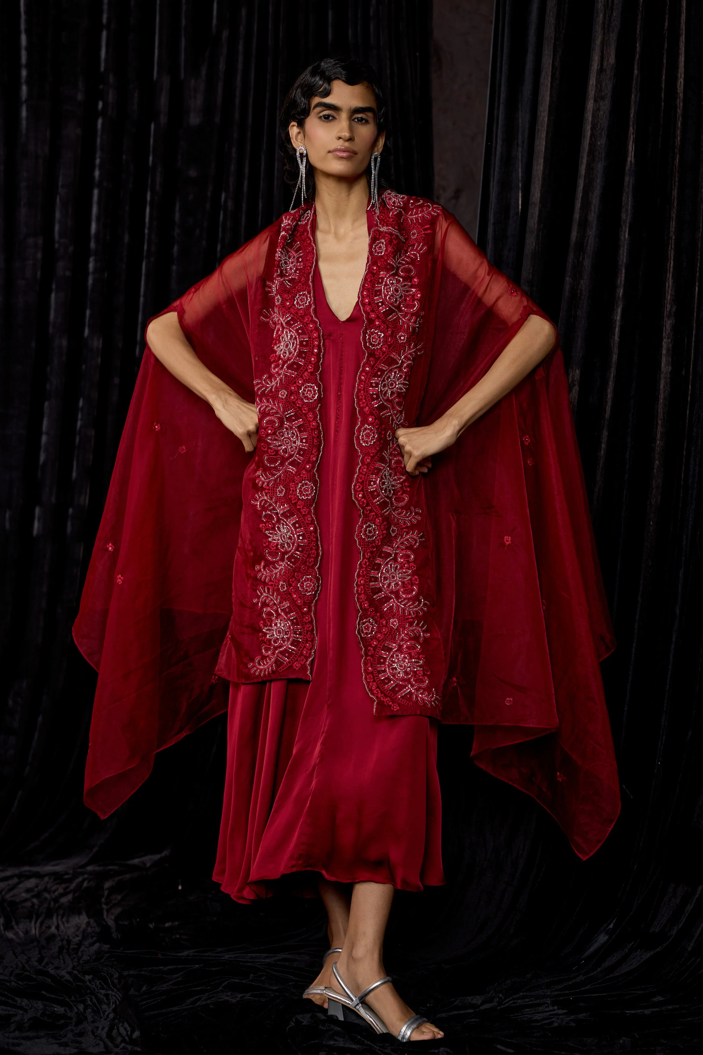 Maroon Embellished Satin Silk Dress - Image 5