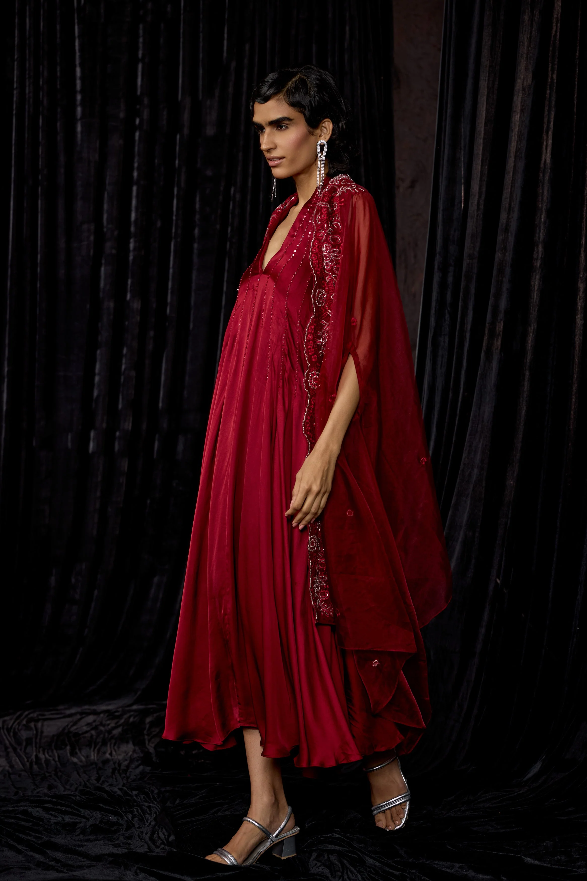 Maroon Embellished Satin Silk Dress - Image 6