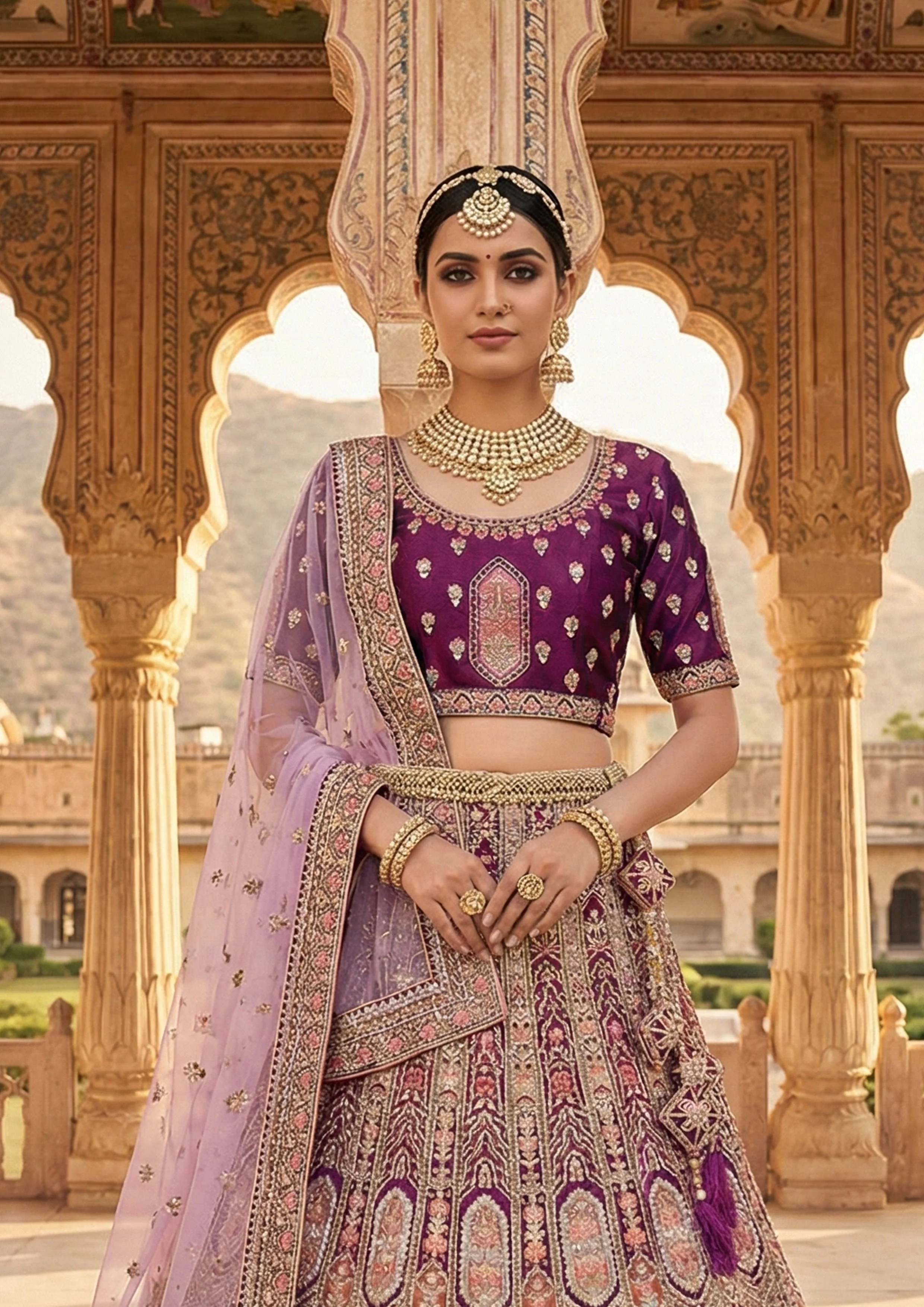 Royal Plum Embellished Premium Velvet Lehenga Set - Image 3