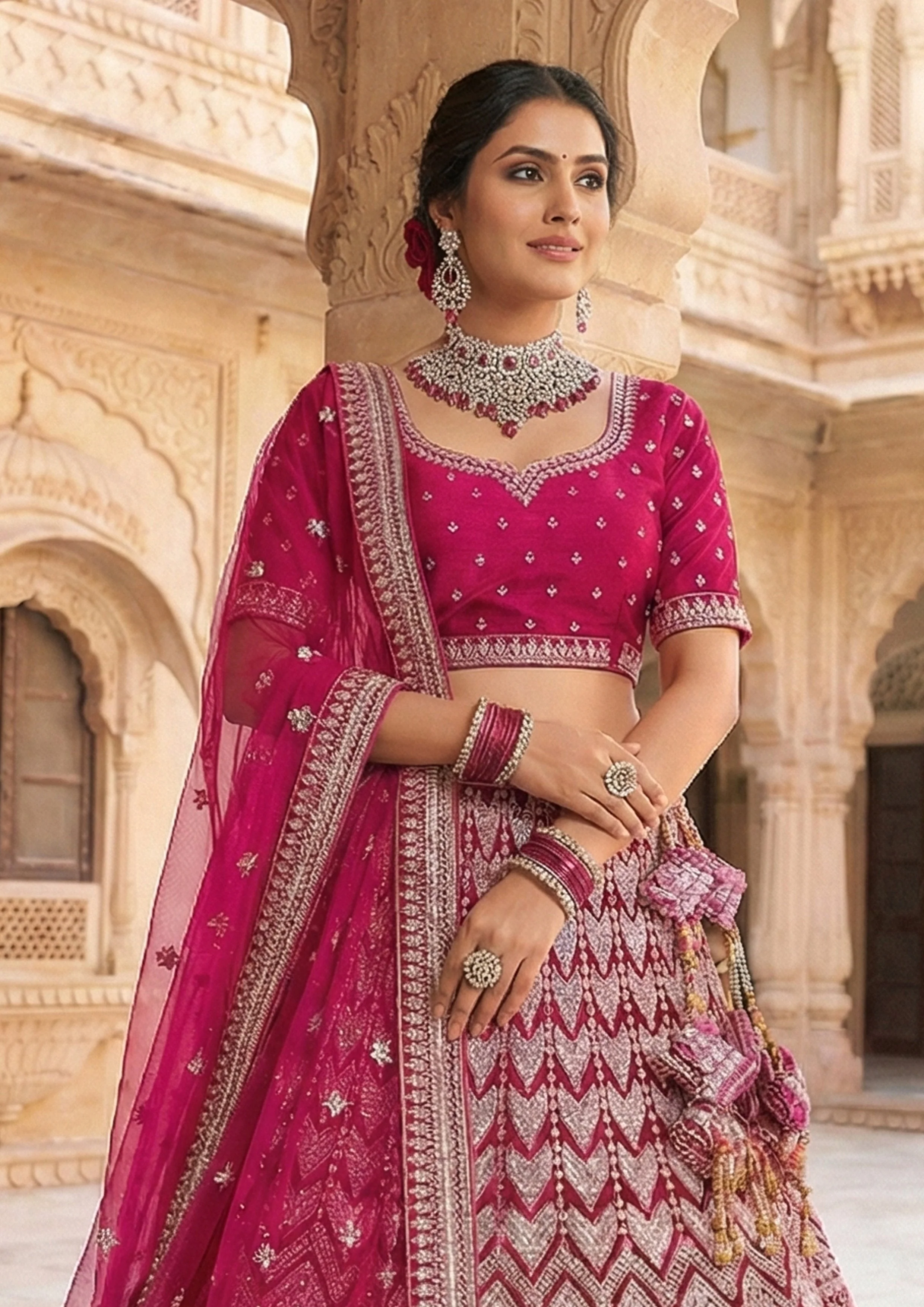 Rani Pink Embellished Premium Velvet Lehenga Set - Image 2