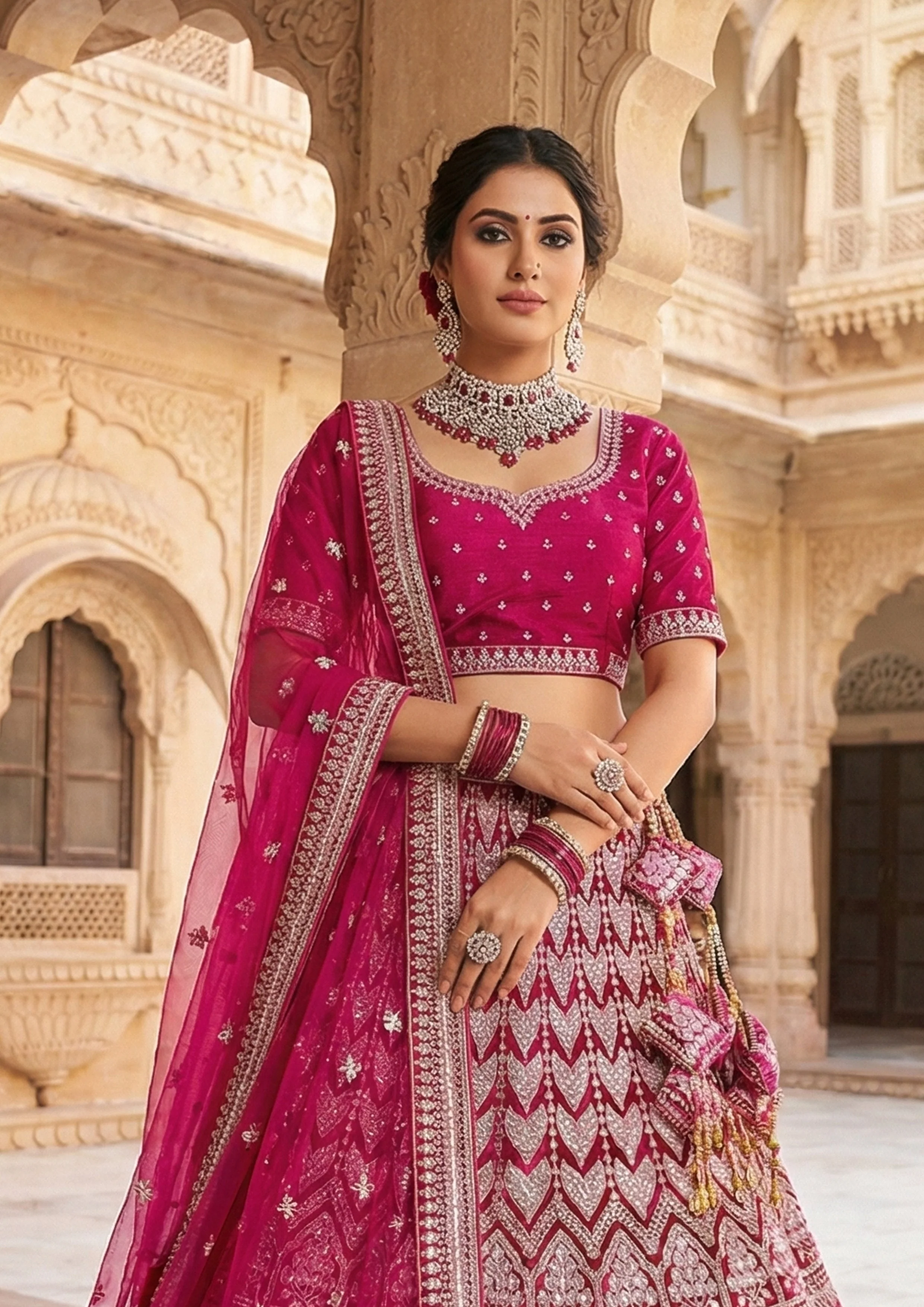 Rani Pink Embellished Premium Velvet Lehenga Set - Image 3