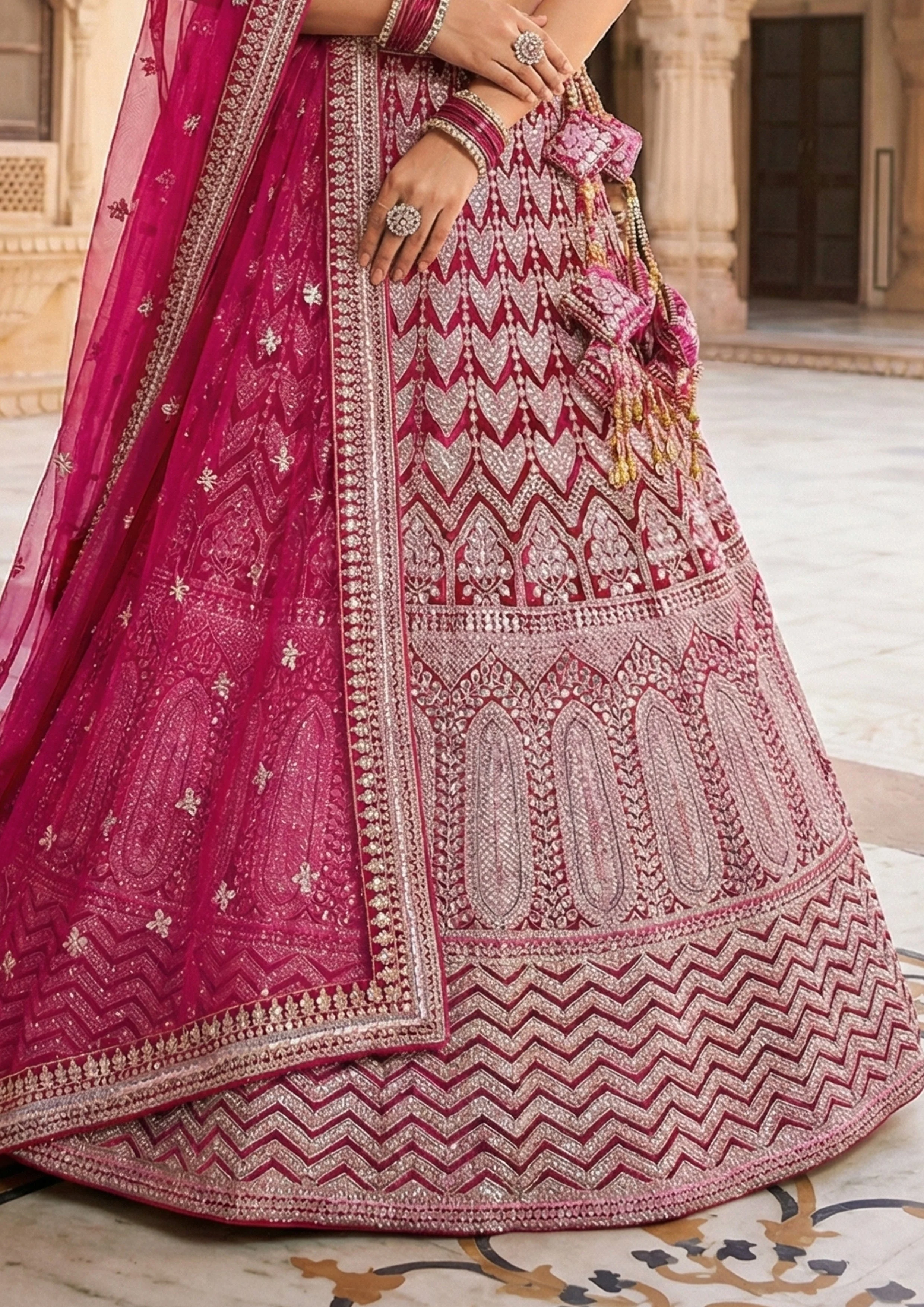 Rani Pink Embellished Premium Velvet Lehenga Set - Image 4