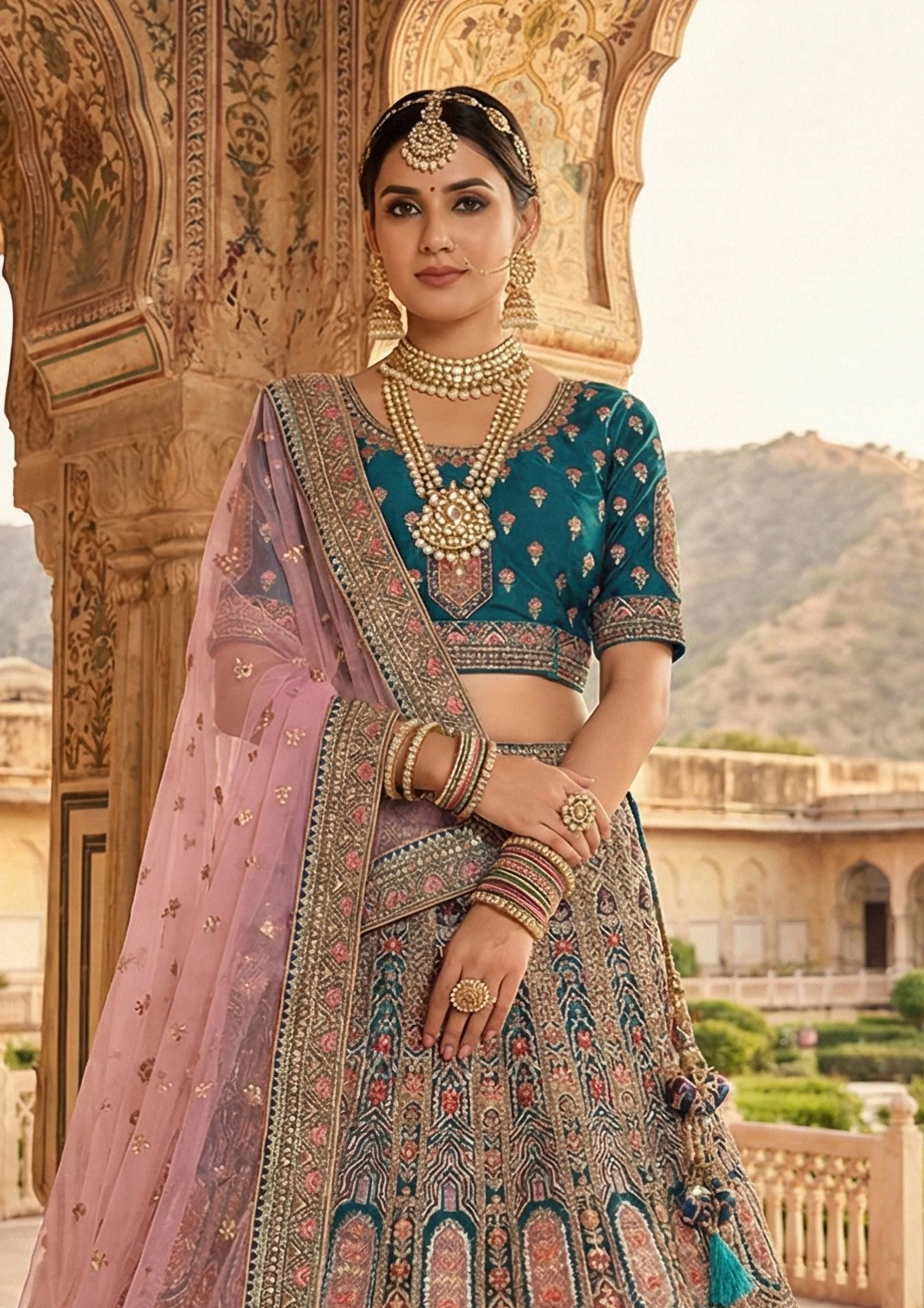 Peacock Teal Embellished Premium Velvet Lehenga Set - Image 2