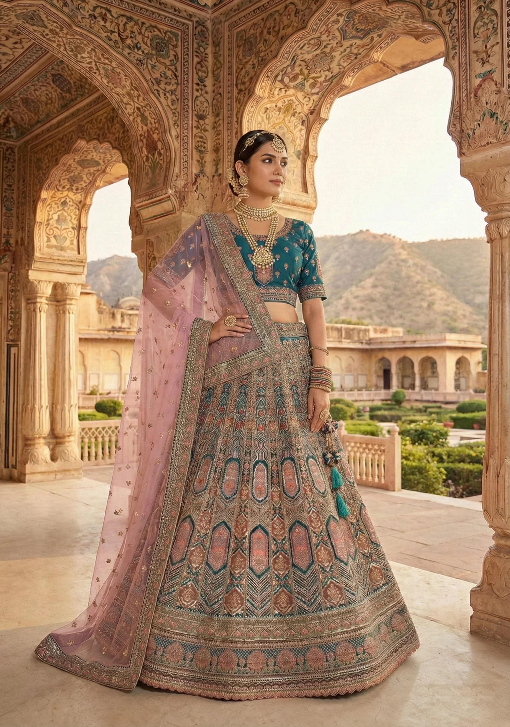 Peacock Teal Embellished Premium Velvet Lehenga Set - Image 3