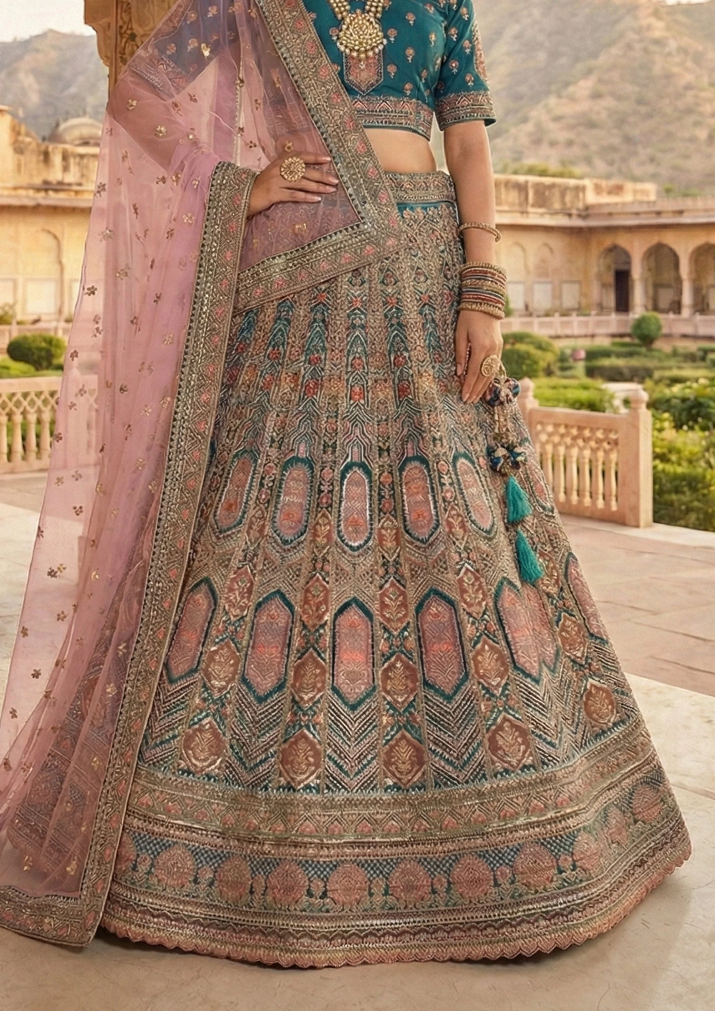 Peacock Teal Embellished Premium Velvet Lehenga Set - Image 4
