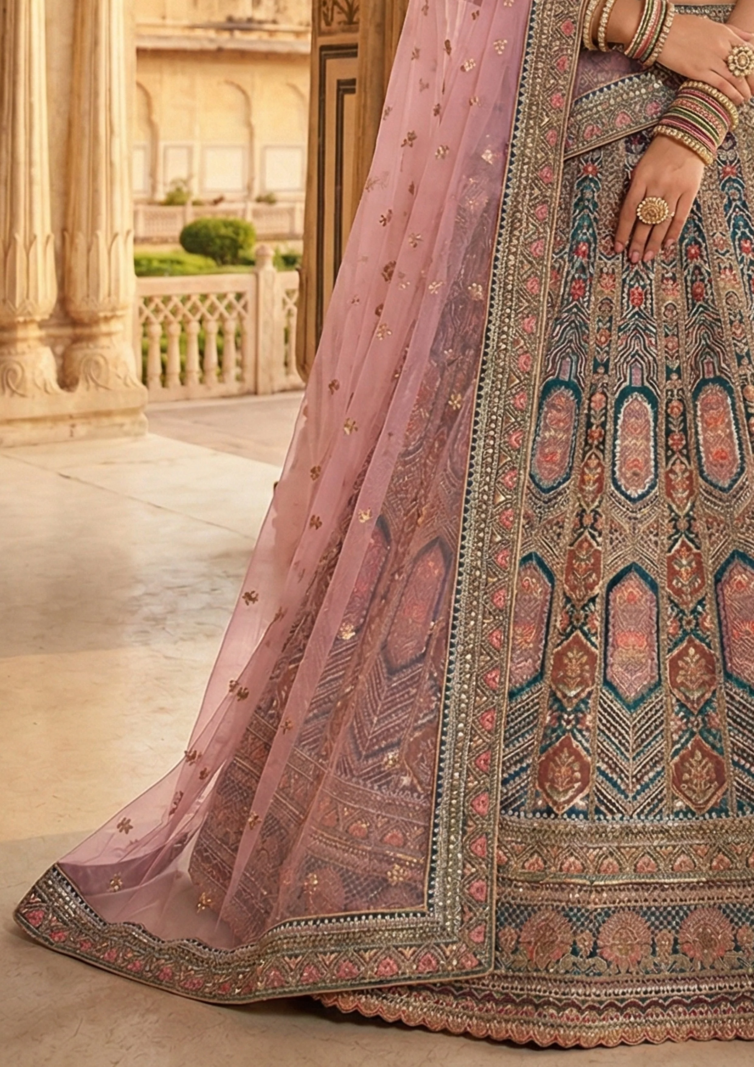 Peacock Teal Embellished Premium Velvet Lehenga Set - Image 5