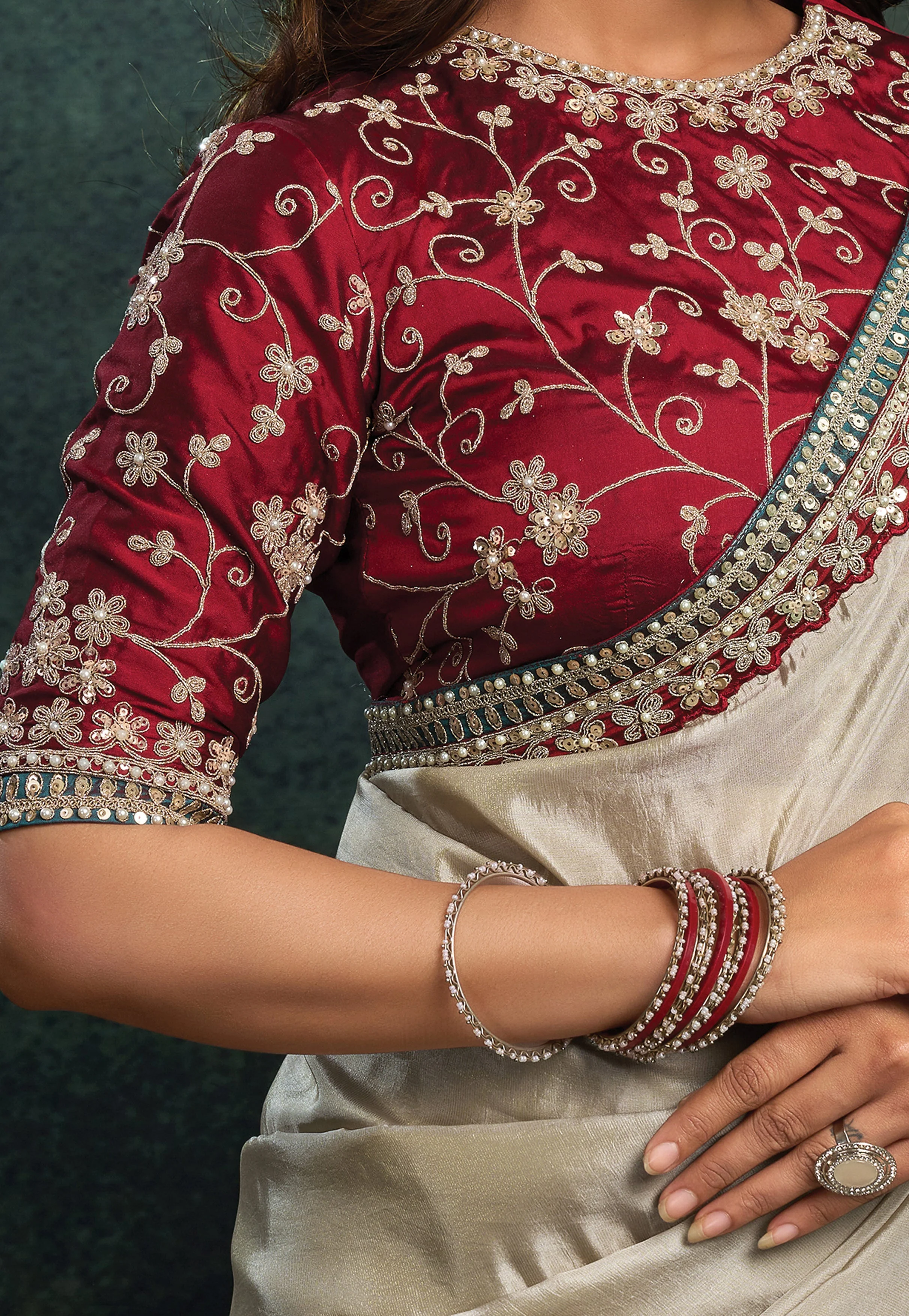 Ivory Gold Embellished Uppada Silk Saree - Image 2