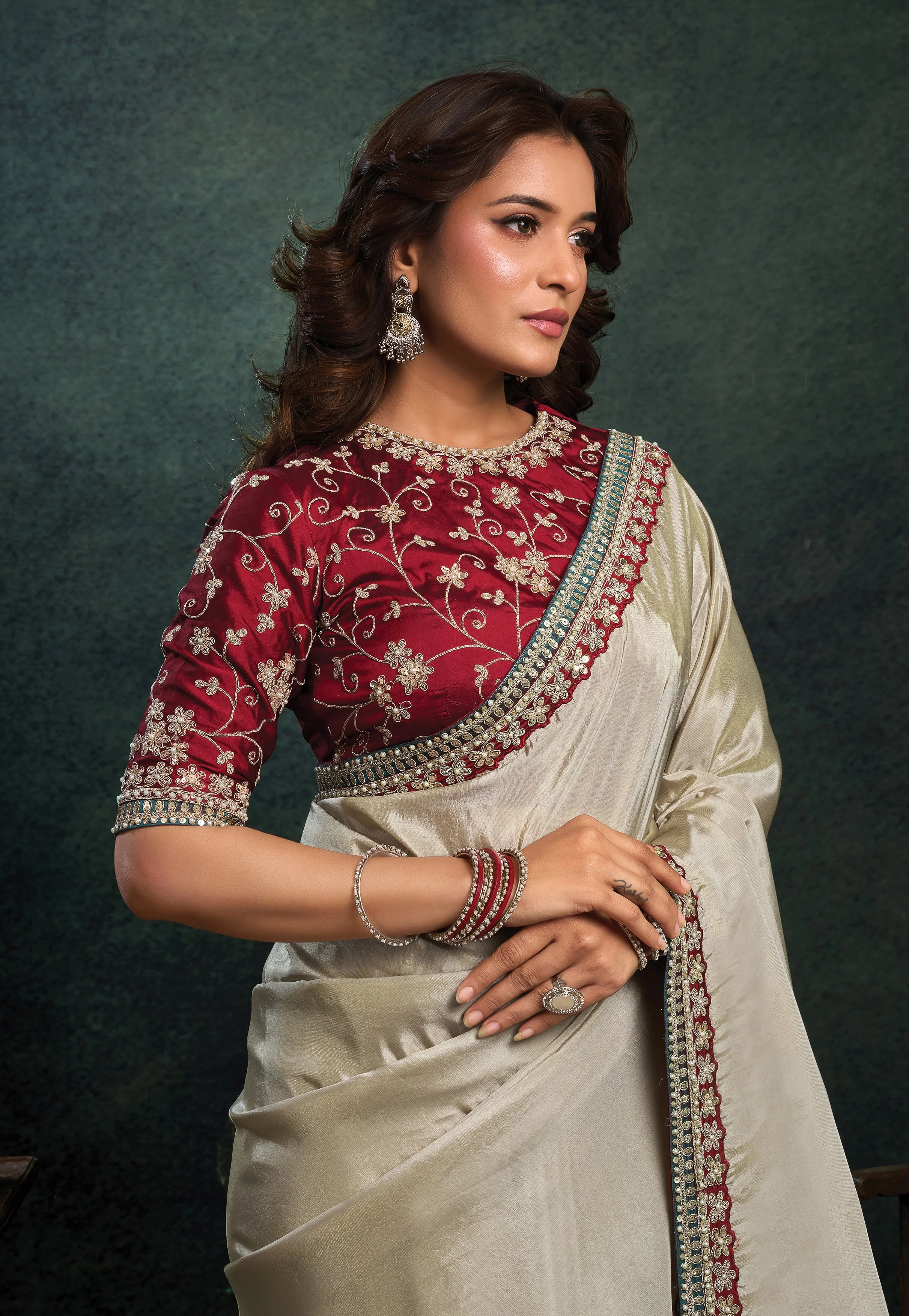 Ivory Gold Embellished Uppada Silk Saree - Image 3