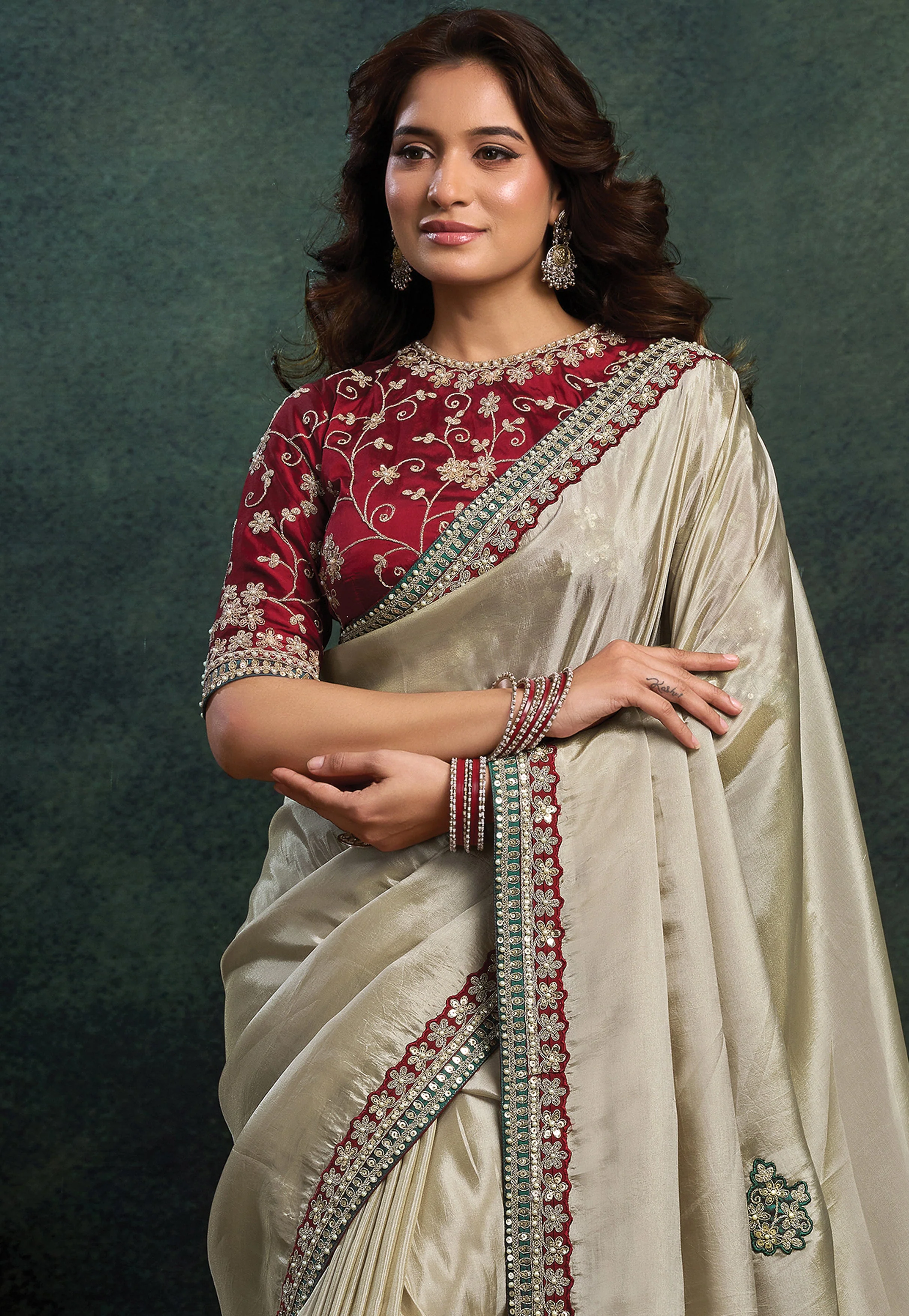 Ivory Gold Embellished Uppada Silk Saree - Image 4