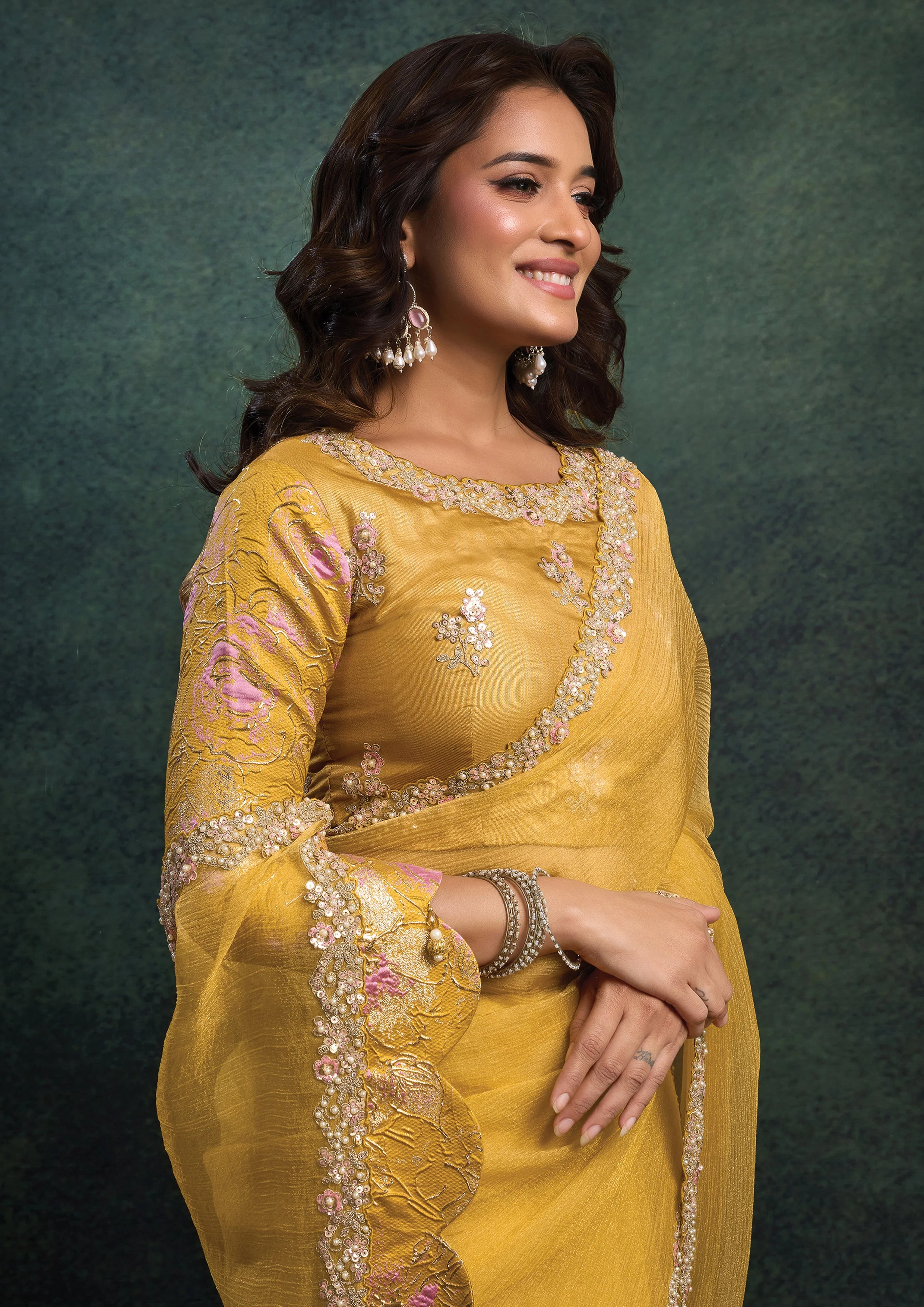Amber Yellow Embellished Organza Silk Saree - Image 2