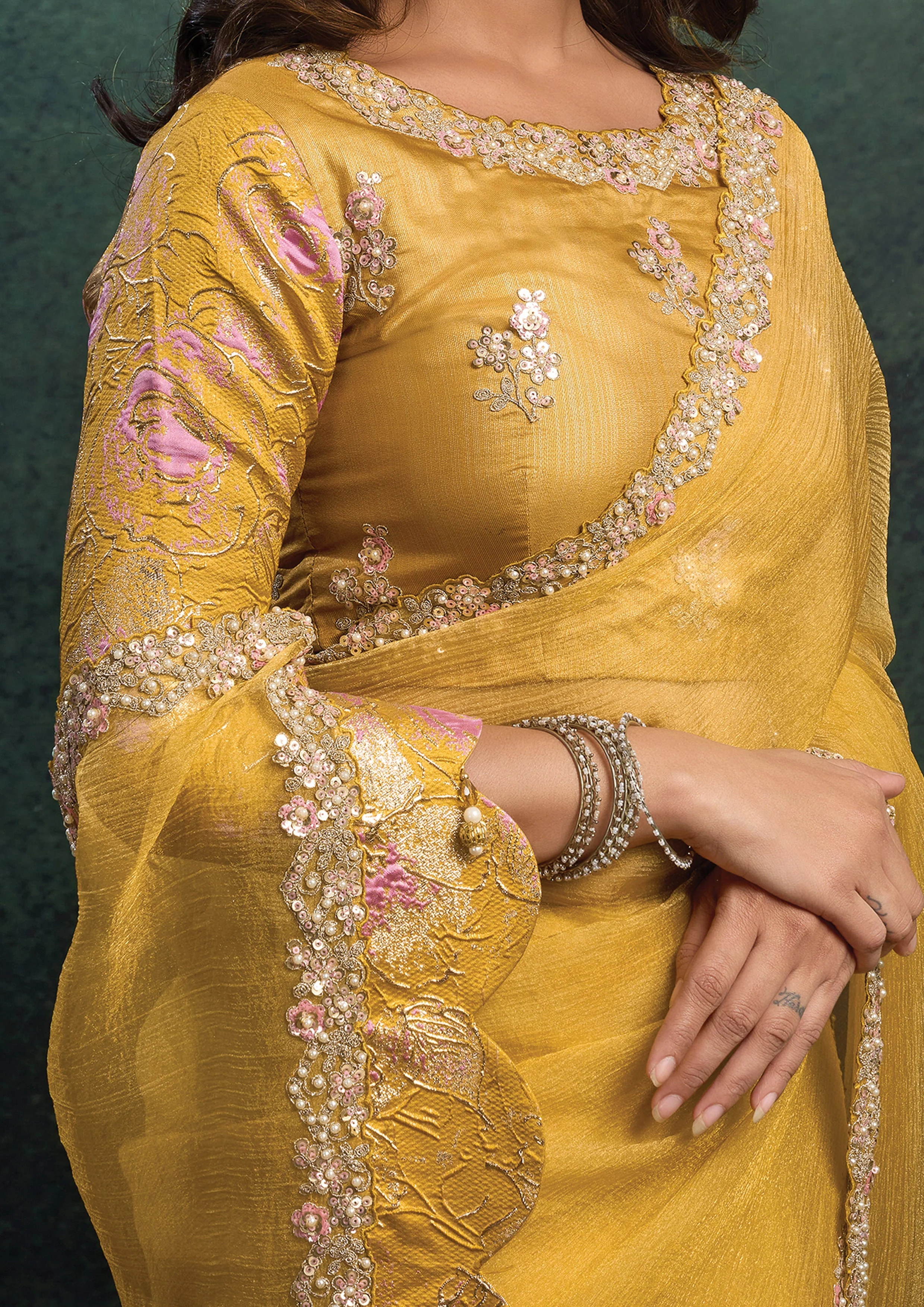 Amber Yellow Embellished Organza Silk Saree - Image 3