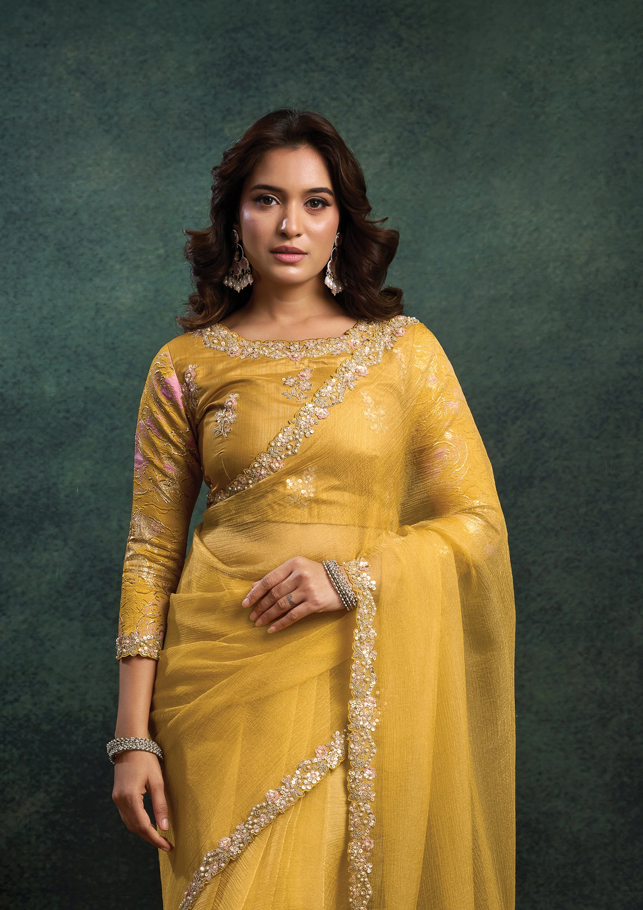 Amber Yellow Embellished Organza Silk Saree - Image 4
