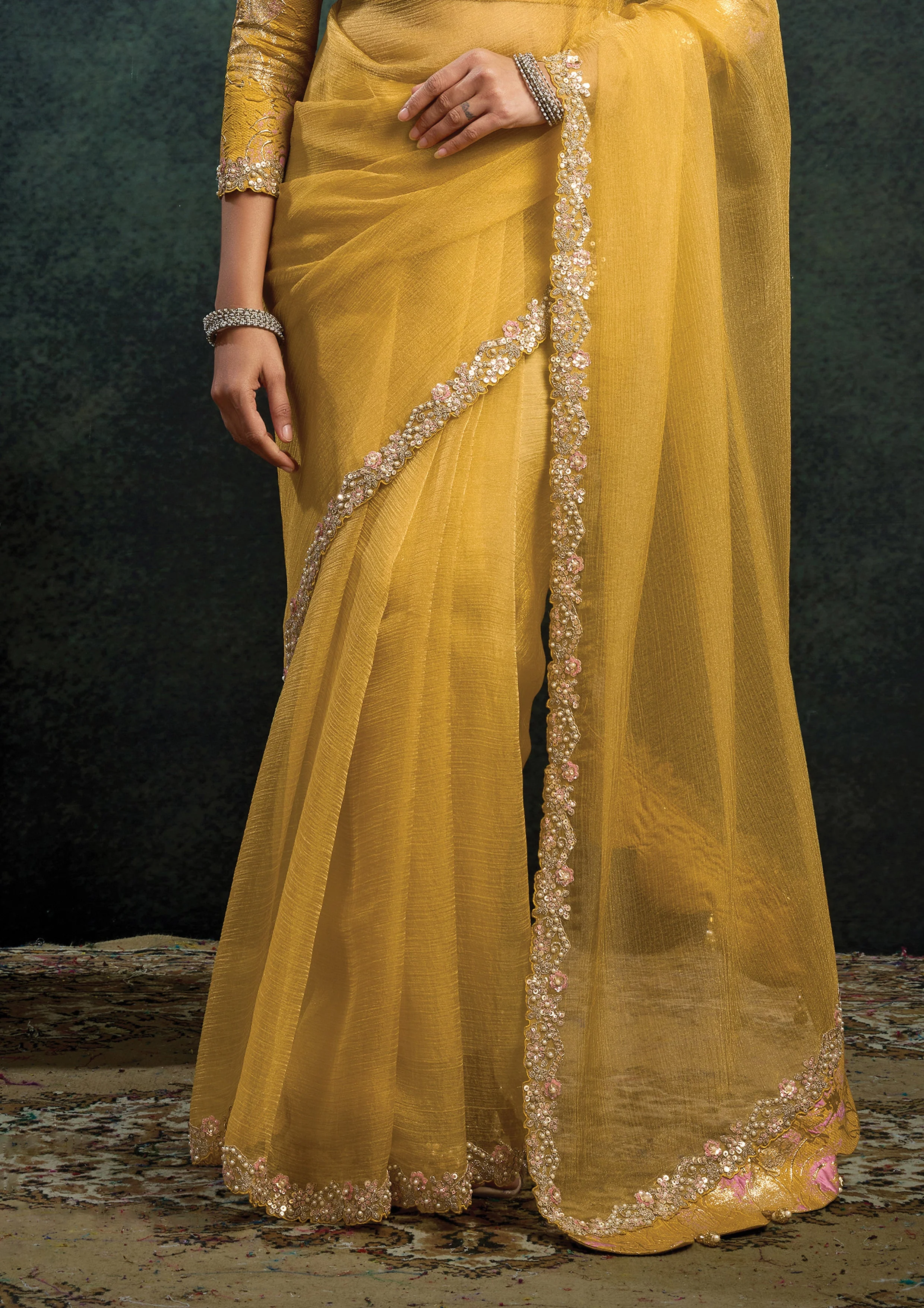 Amber Yellow Embellished Organza Silk Saree - Image 5