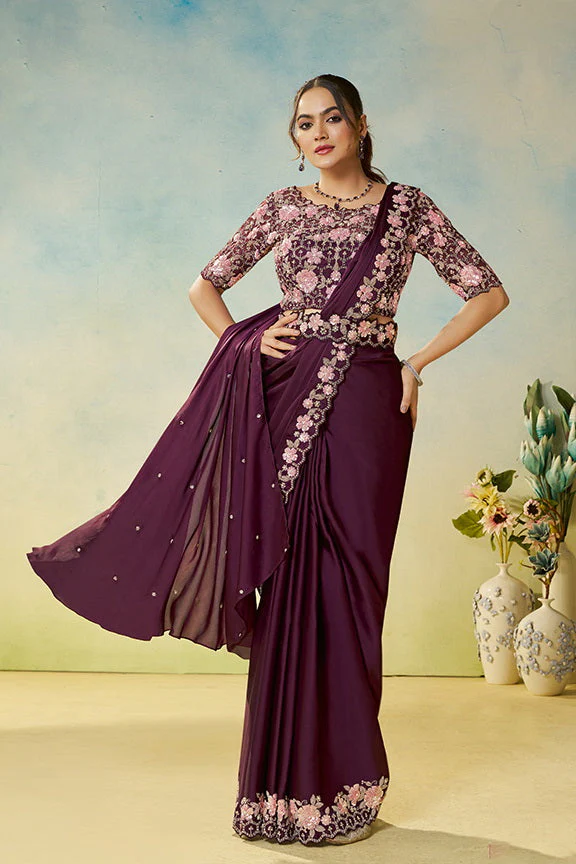 Deep Wine Embellished Satin Silk Saree