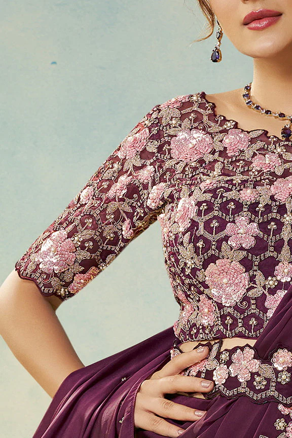 Deep Wine Embellished Satin Silk Saree - Image 3