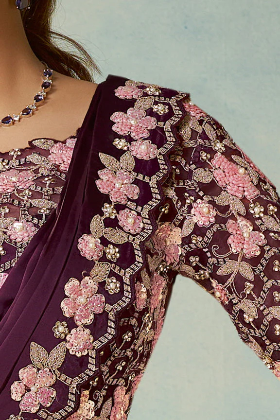 Deep Wine Embellished Satin Silk Saree - Image 4