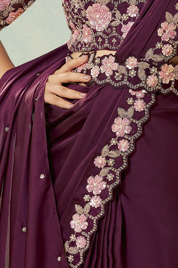 Deep Wine Embellished Satin Silk Saree - Image 5