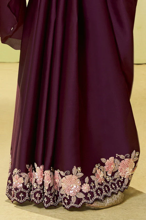Deep Wine Embellished Satin Silk Saree - Image 6