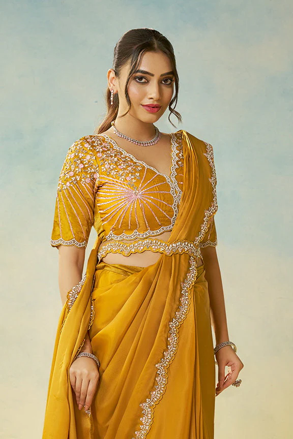 Mustard Yellow Embellished Satin Silk Saree - Image 2
