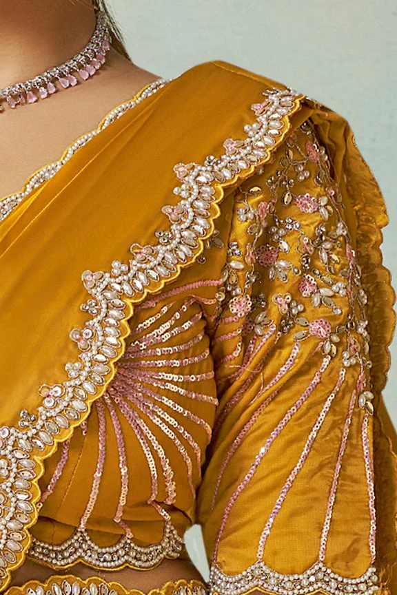 Mustard Yellow Embellished Satin Silk Saree - Image 4