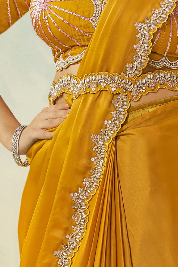 Mustard Yellow Embellished Satin Silk Saree - Image 5