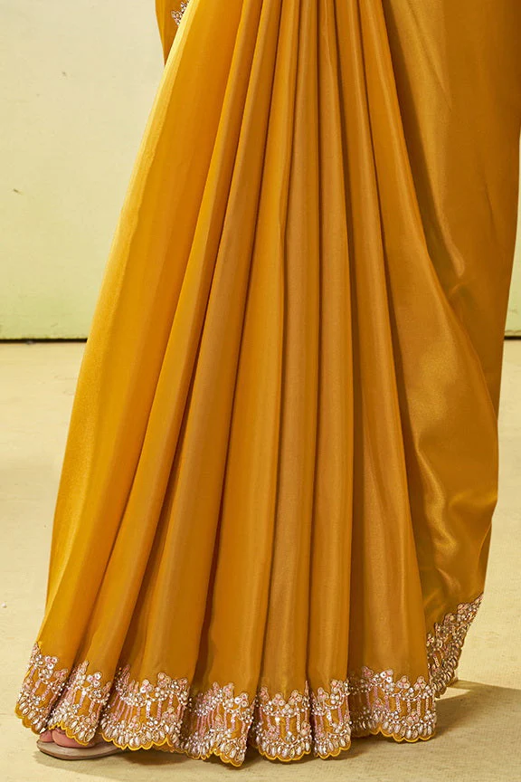 Mustard Yellow Embellished Satin Silk Saree - Image 6