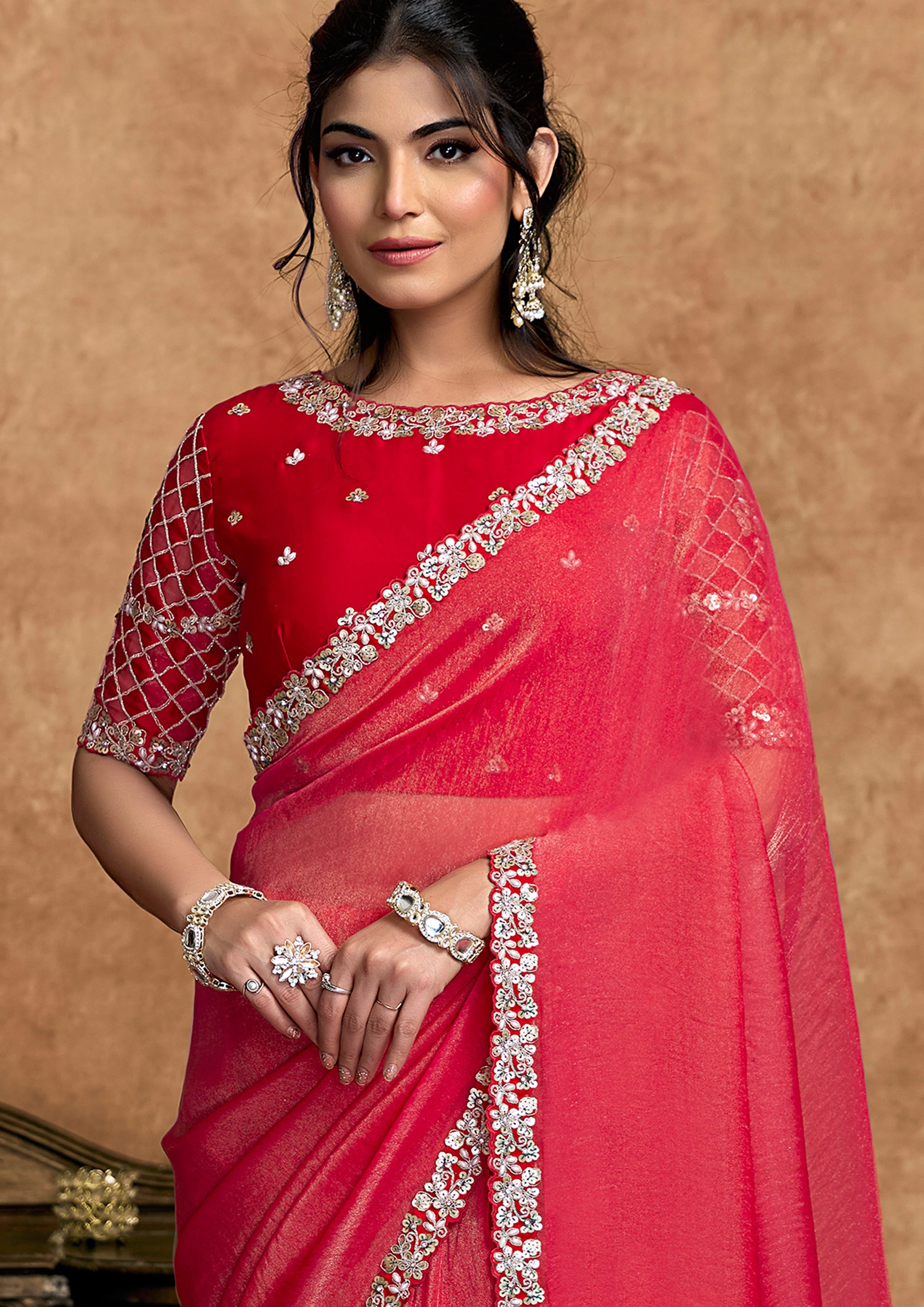 Cherry Red Embellished Shimmer Organza Silk Saree - Image 2