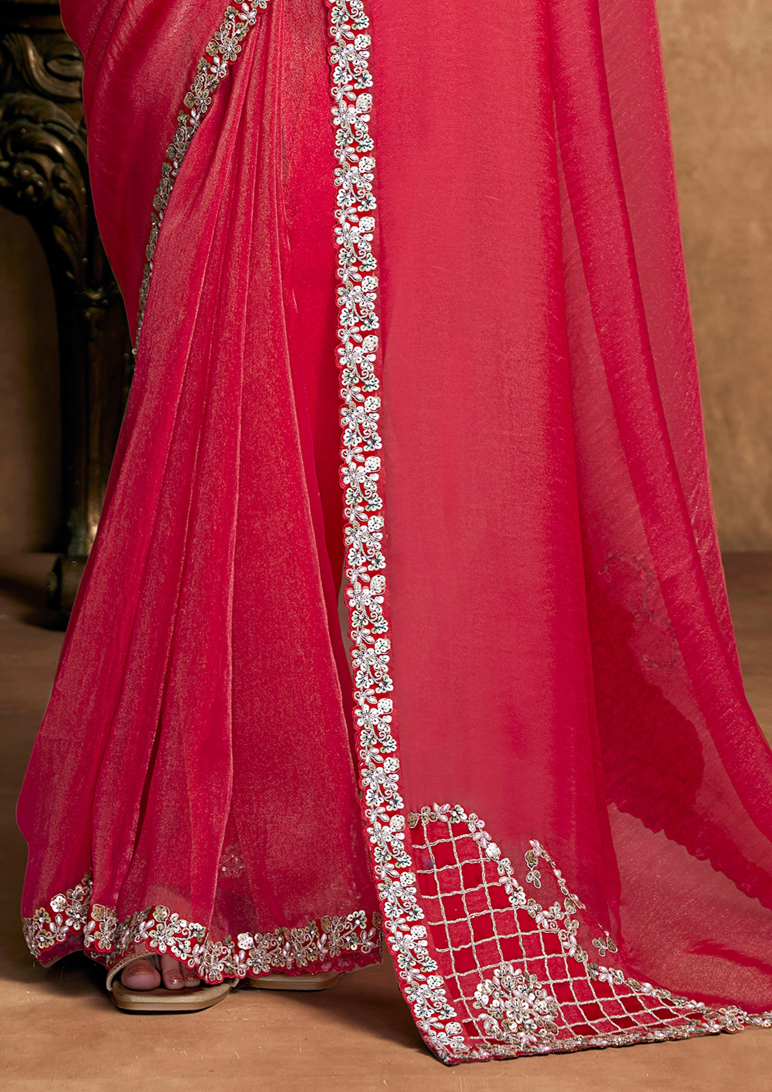 Cherry Red Embellished Shimmer Organza Silk Saree - Image 3